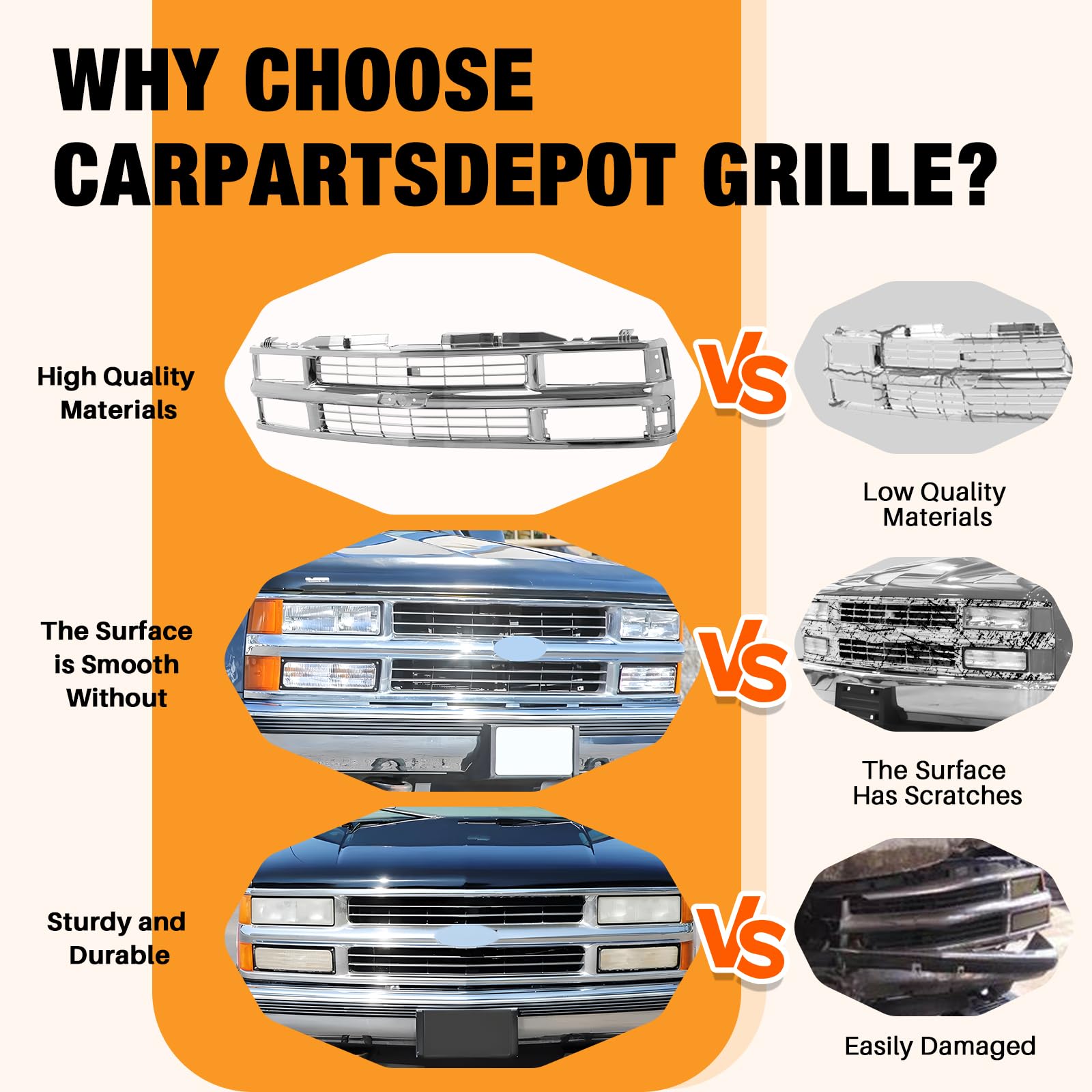 Carpartsdepot Front Grille Grill Chrome Shell With Insert Compatible With Chevrolet 1994-2000 C/K 1500 2500 3500 Tahoe Blazer Fo