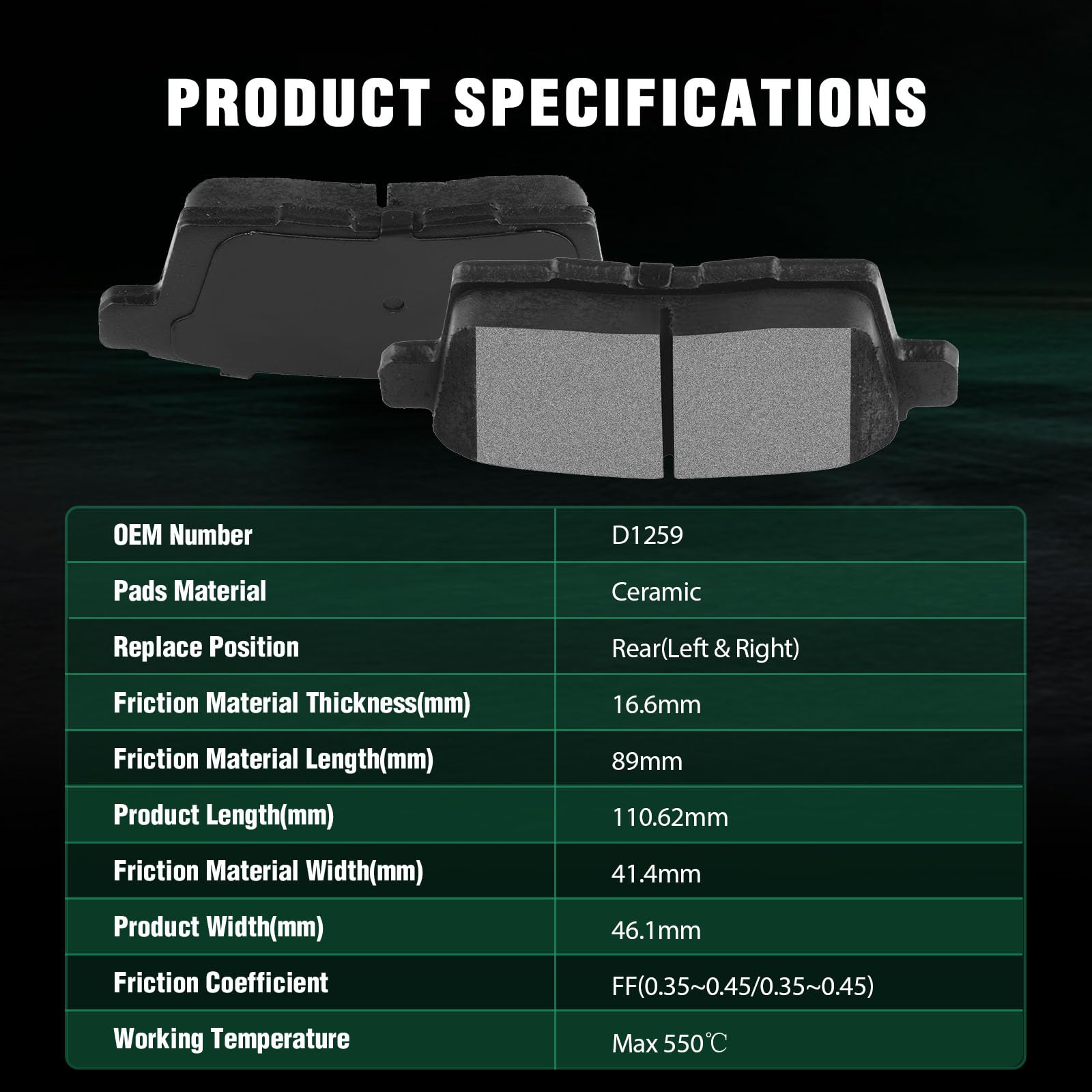 Automuto 4Pcs Rear Ceramic Disc Brake Pads Set D1259 For Ford For Edge 2007-2010,For Lincoln Mkx 2007-2010,For Mazda Cx-7 2007-2