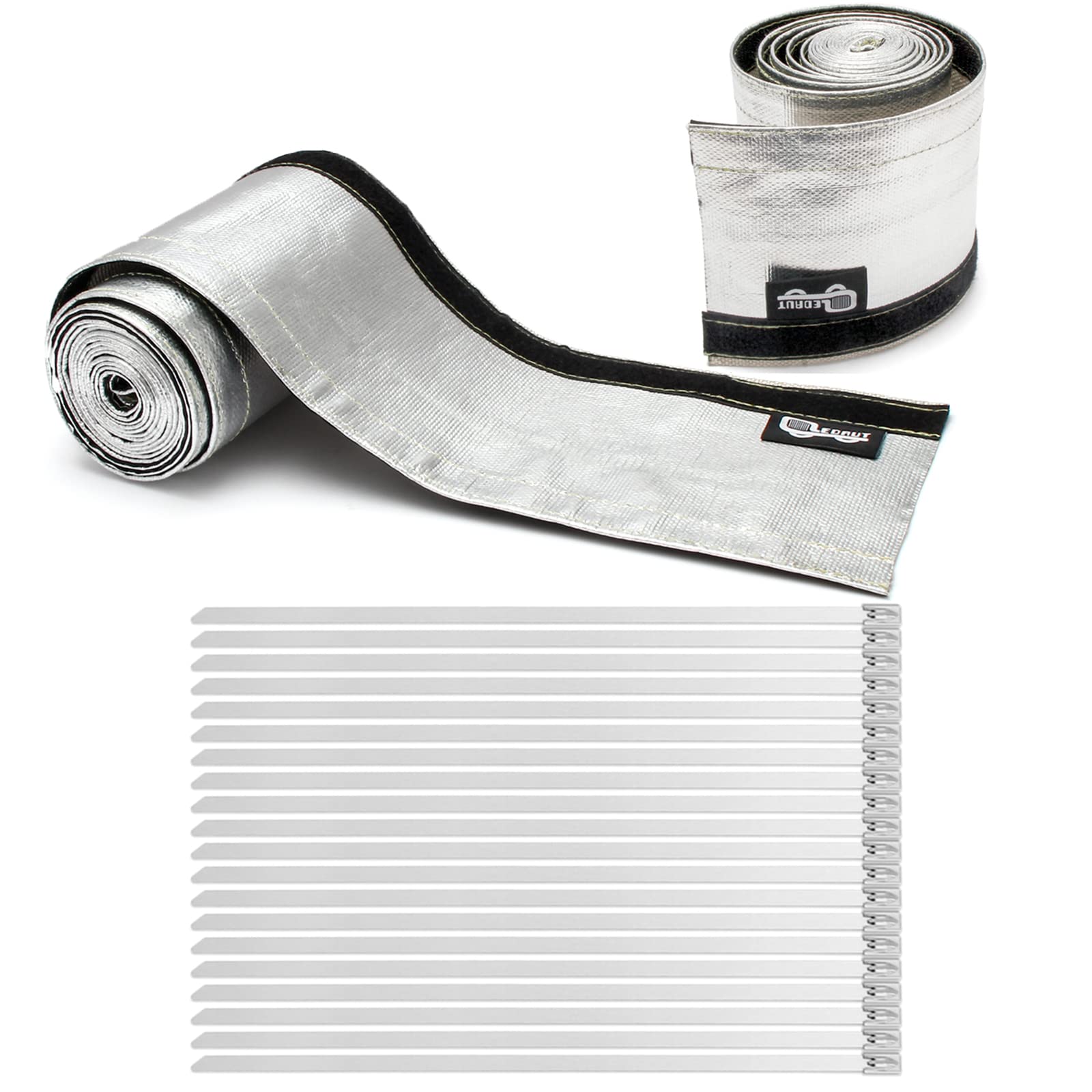 Heat Shroud Sleeve Aluminized 2 Pcs For Ultimate Heat Protection Hose Wire Shield 1-1/4''I.D. X 10Ft, With 20 Pcs 7.8Inch Stainl