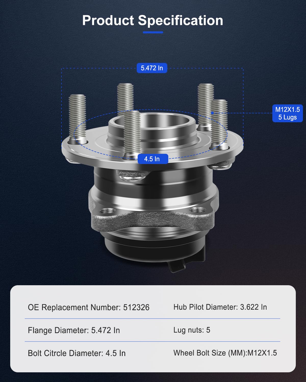 ECCPP Replacement For Wheel Bearing Hub 512326 X2 Hub Bearing Assembly Hub Assemblies Rear Axle 5 Lugs W/ABS Sensor For Hyundai