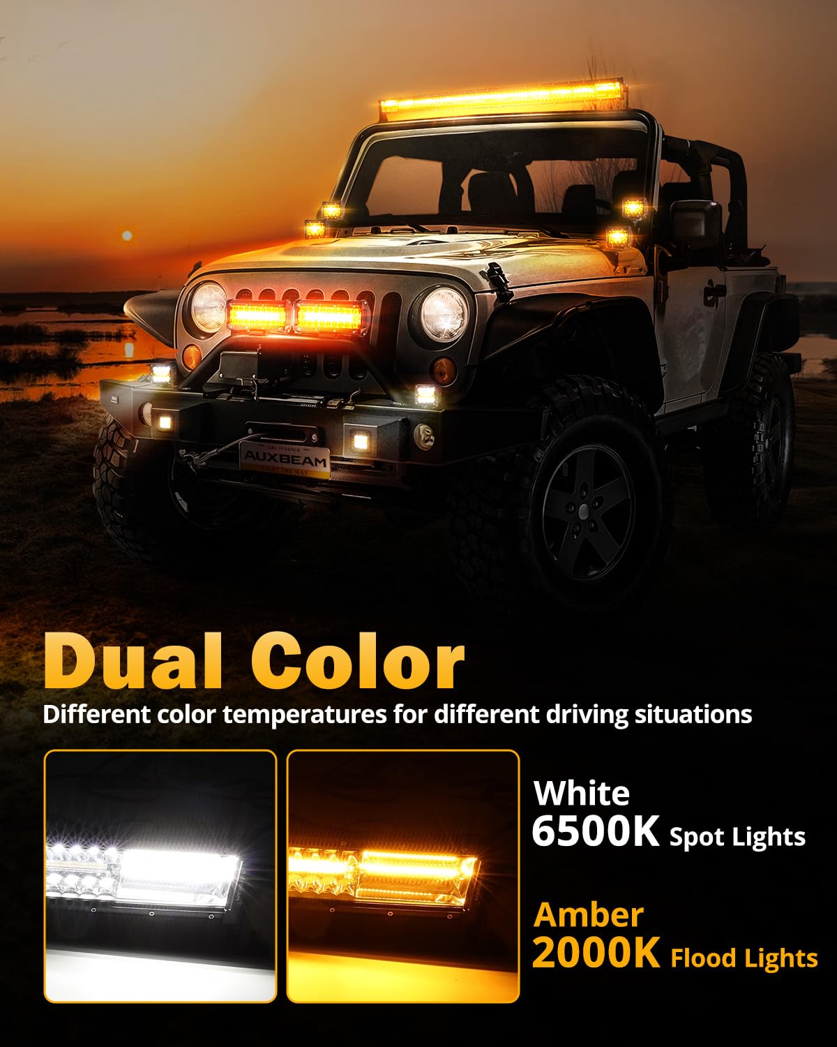Auxbeam 6 Modes Amber White Series 50 Inch Curved Led Light Bar 288W Strobe Flash Warning Multi-Function Offroad Lighting Spot F