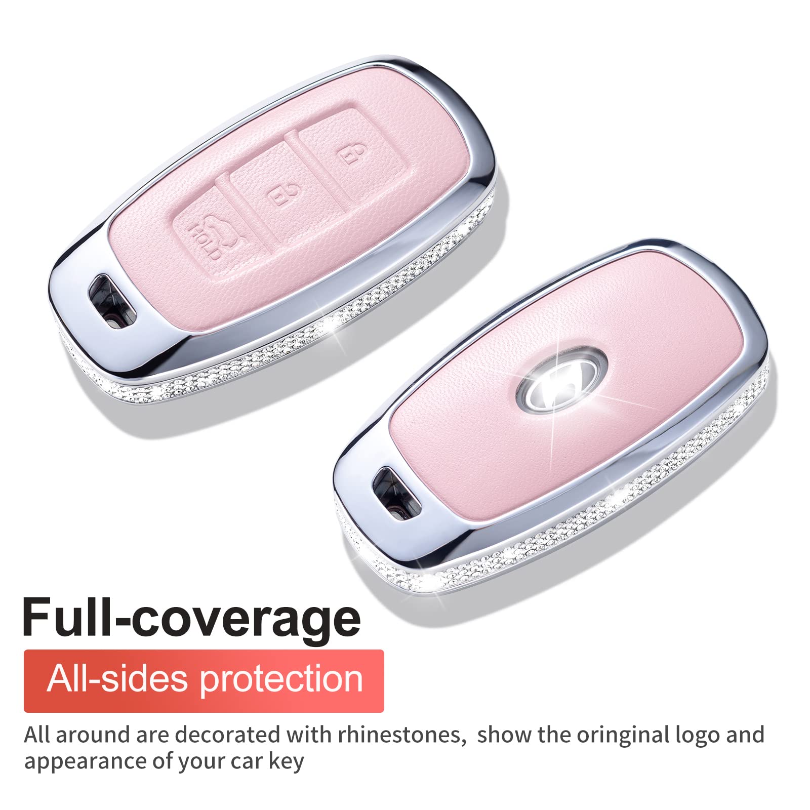 Ruabiban For Hyundai Key Fob Cover With Keychain, Pink Genuine Leather Crystal Key Case Protection Shell Compatible With 2022 20