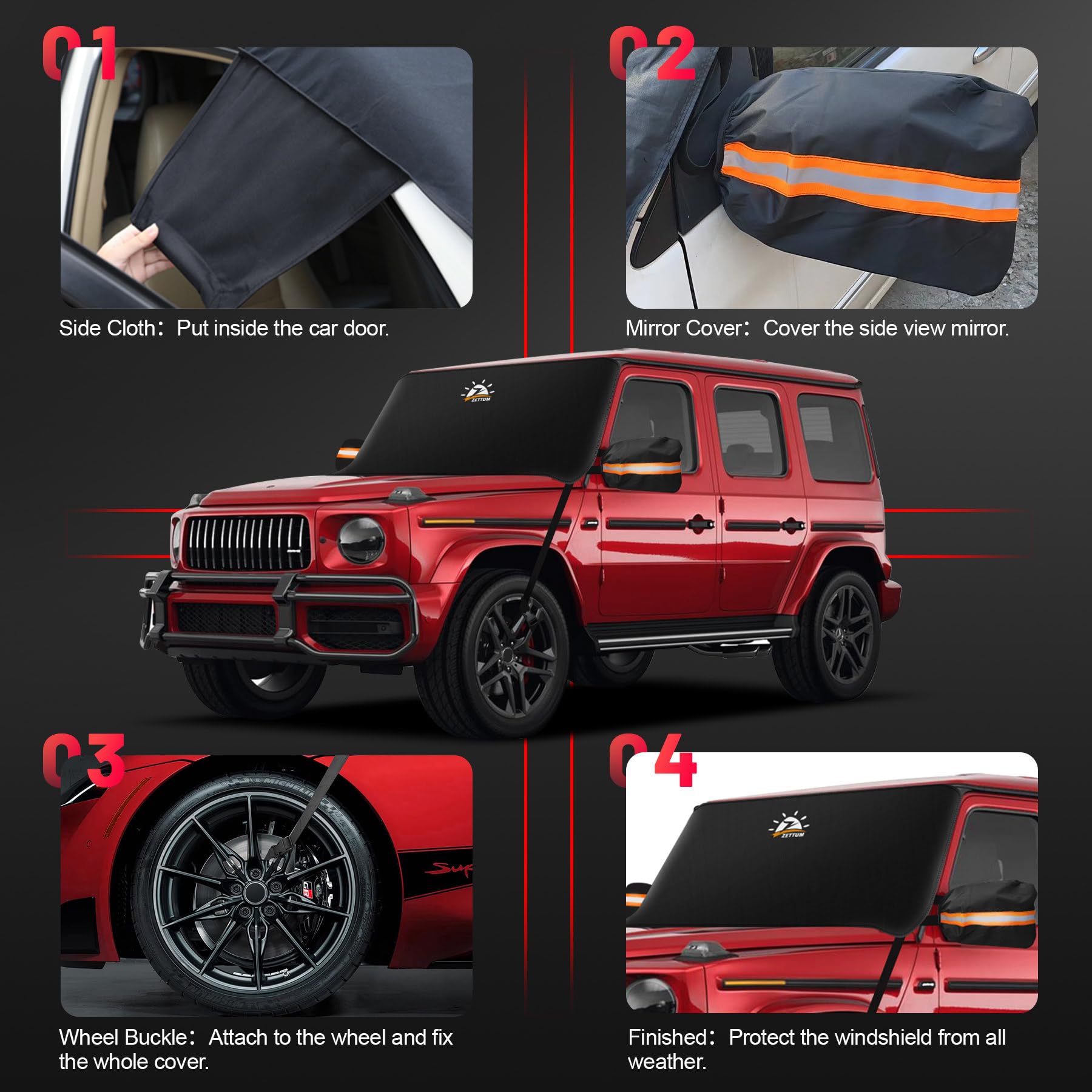 Zettum Car Windshield Cover For Ice And Snow - 600D Windshield Snow Cover With Side Mirror Cover Heavy Duty, Standard Winter Fro