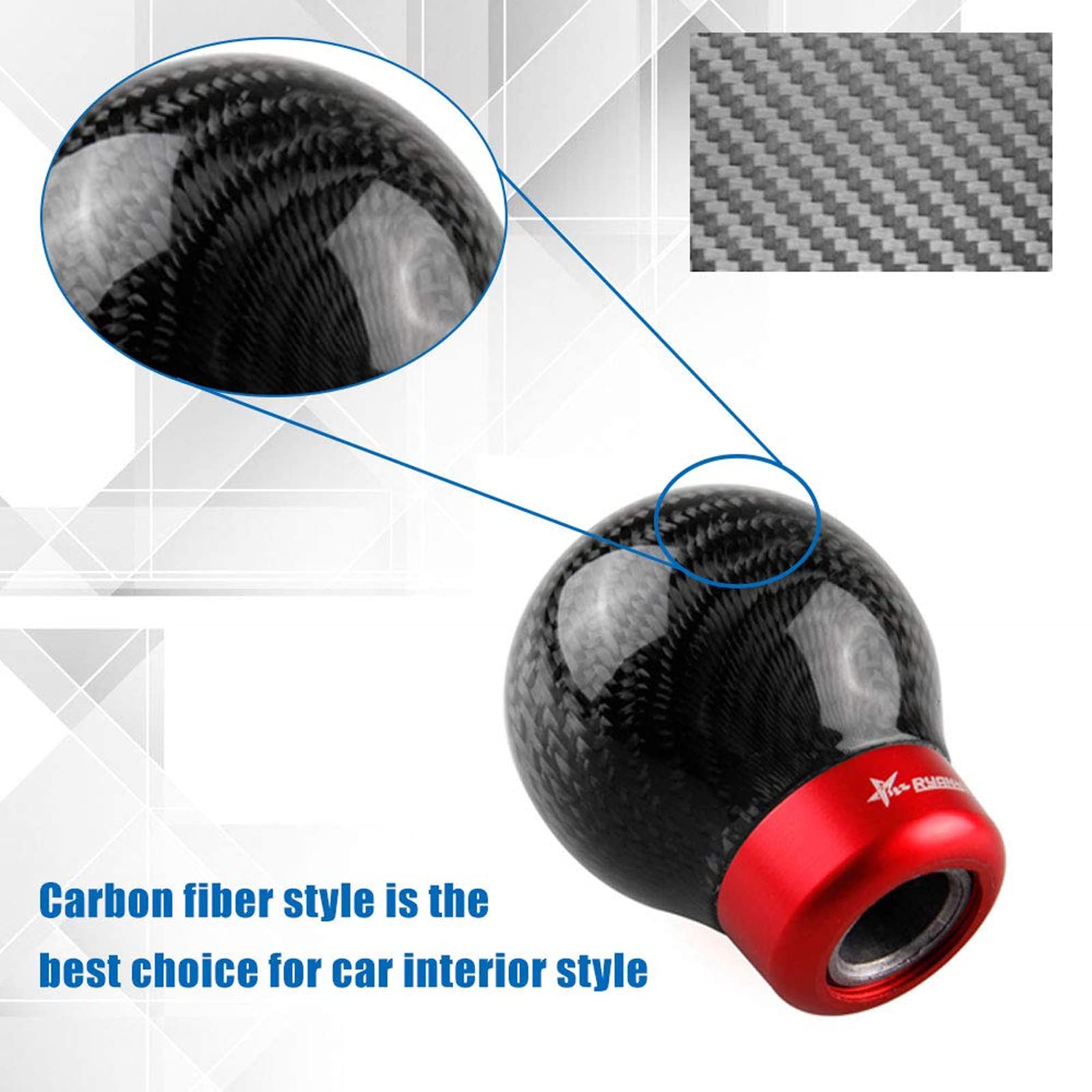 Ryanstar Carbon Fiber Shift Knob Round Ball Racing Gear Shift Shifter Knob, Head Manual Car With 8Mm/10Mm/11Mm Adapter