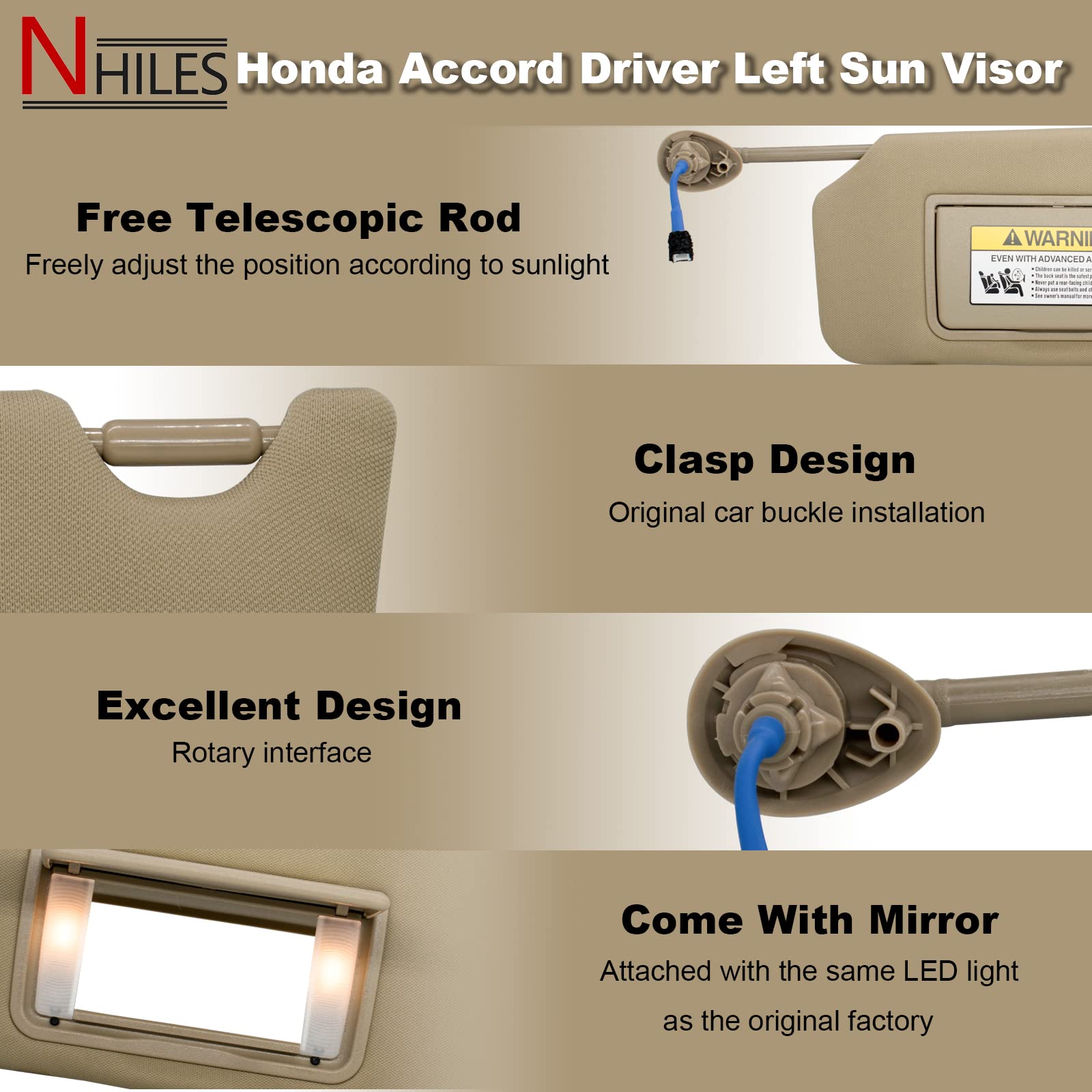 Left Driver & Right Passenger Side Sun Visor Compatible With Honda Accord 2008 2009 2010 2011 2012 2013 2014 2015 2016 2017 With Light Oem :83230Ta0A91Zb (Beige)