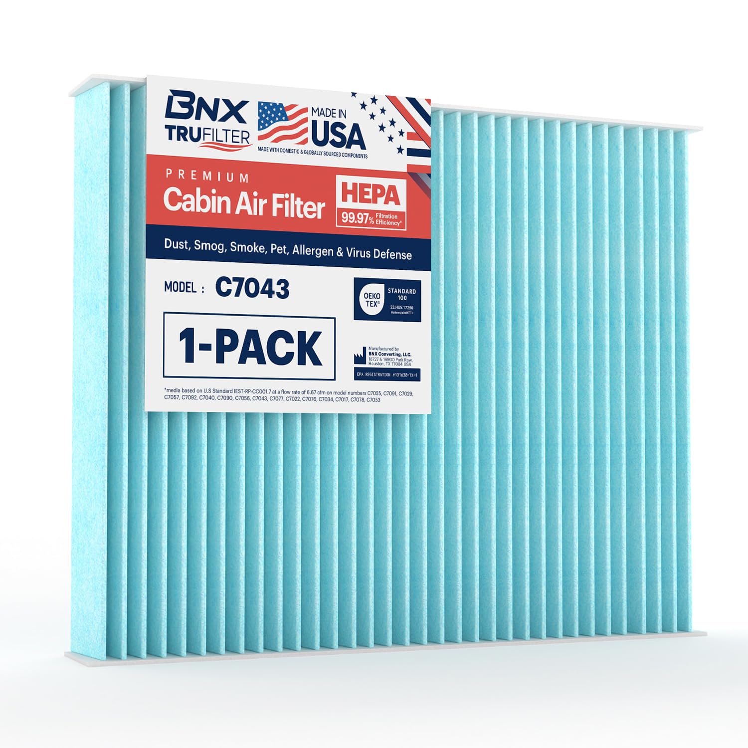 Bnx Trufilter C7043 Cabin Air Filter, Hepa 99.97%, Made In Usa, Compatible With Ford C-Max, Escape, Focus, Gt, Transit Connect,