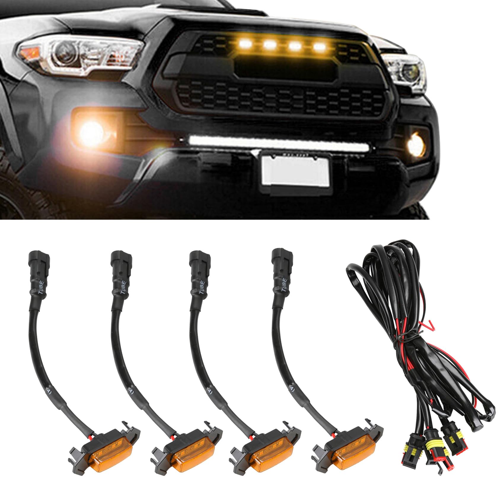 4Pcs Grill Led Lights, Led Amber Grill Lights, Grille Lights Amber Yellow, Grille Front Bumper Hood Mesh Grill Led Light With Ha