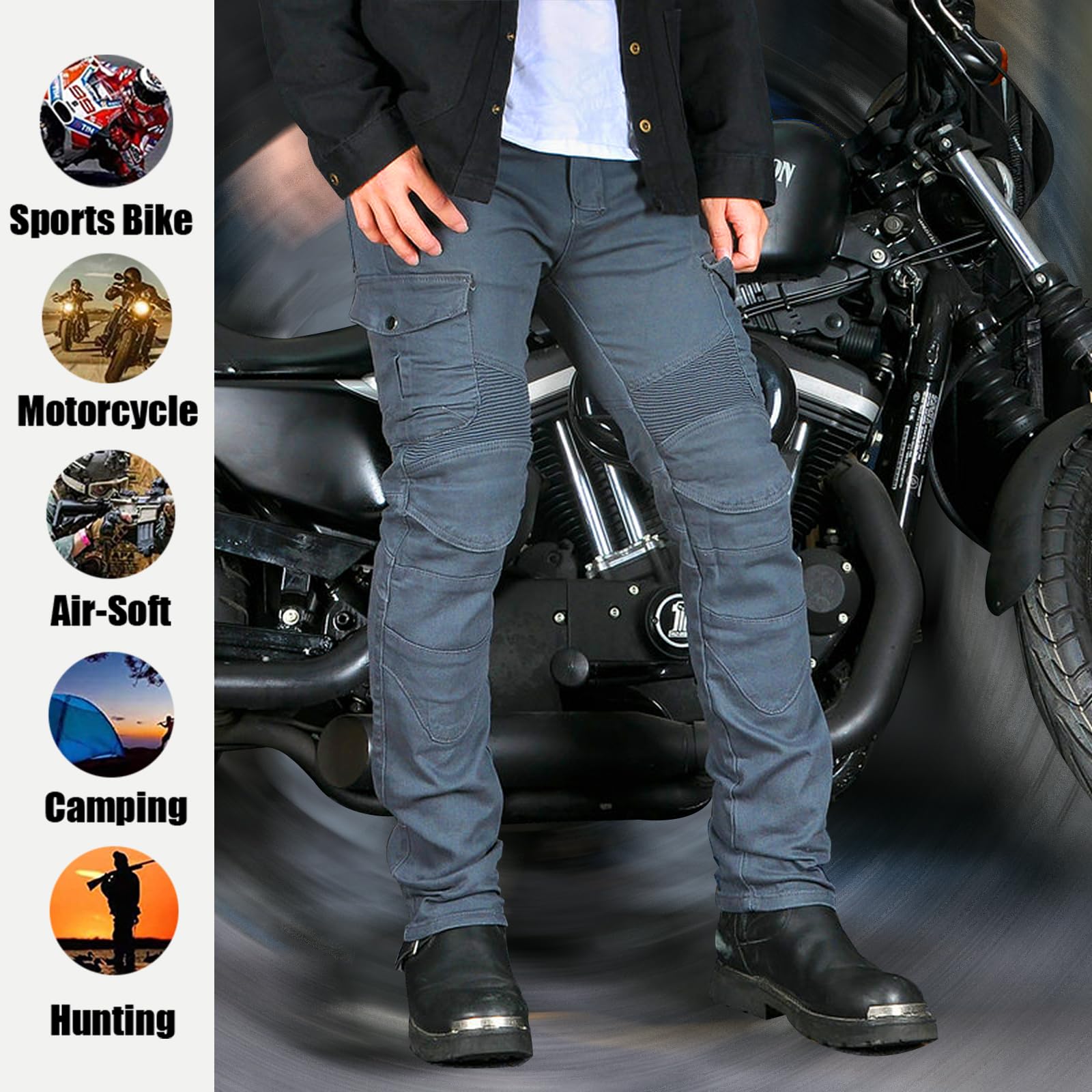 LOMENG Motorcycle Pants Motorbike Riding Denim Jeans Biker Motocross Pants with CE Removable Armored for Men Grey XL
