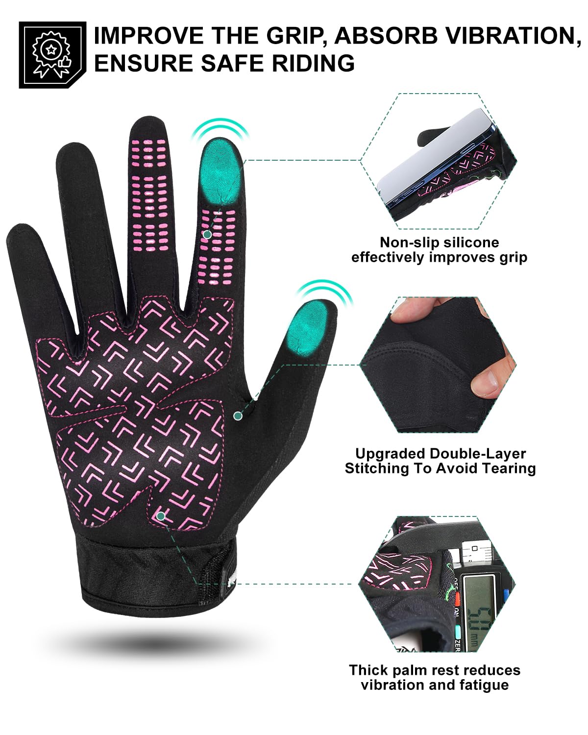 Rigwarl Women 'S Touchscreen Motorcycle Gloves - Pink Skeleton, Breathable, Non-Slip, Full Finger For Mountain Bike, Cycling, Hi