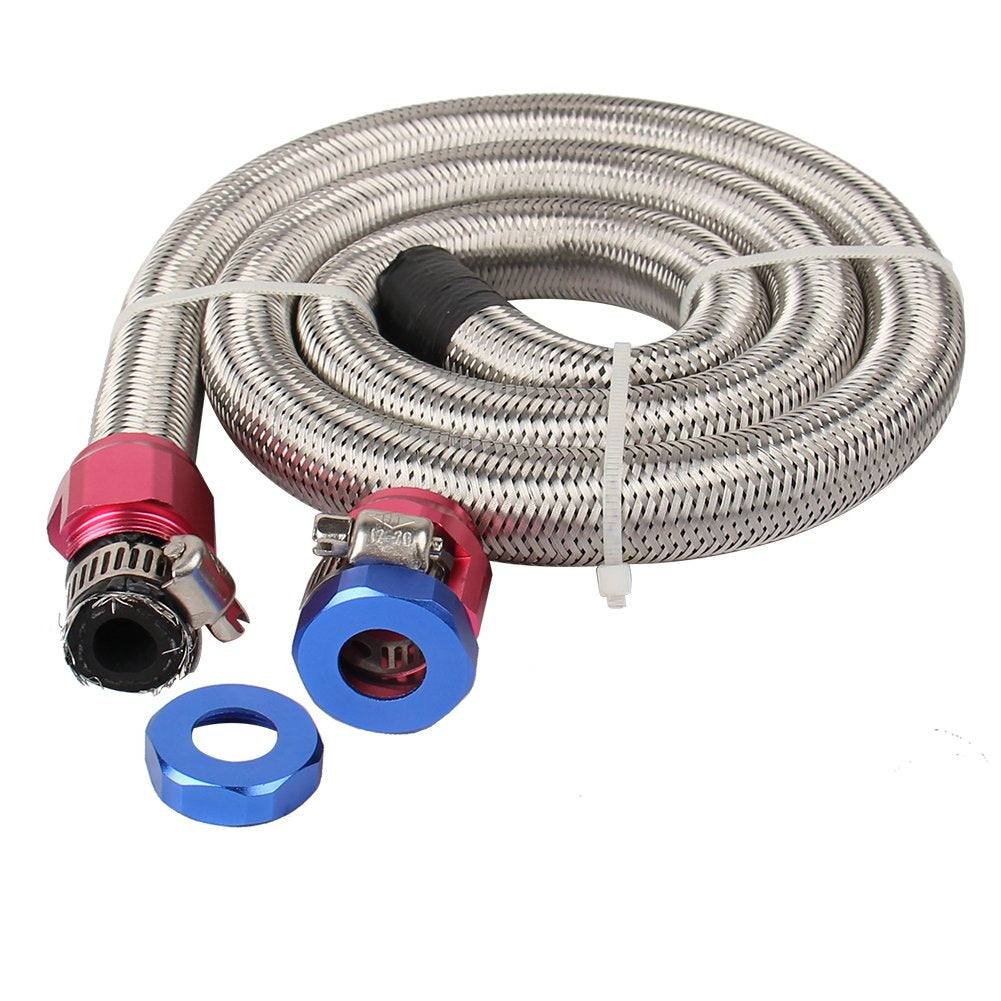 3Ft 6An 3/8'' Fuel Line Stainless Steel Braided Hose W/2Pcs An6 Hose Fitting Kit Blue & Red Universal For Racing Fuel, Gas, Cool