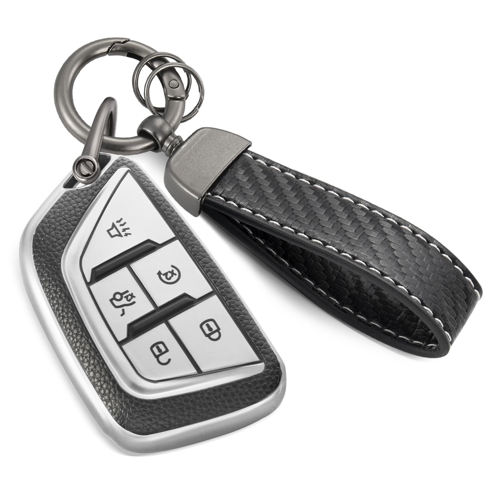 Ctrinews For Cadillac Key Fob Cover With Carbon Fiber Style Belt Keychain, Upgraded Tpu Surface Grain Case For 2020-Up Ct4 Ct5 C