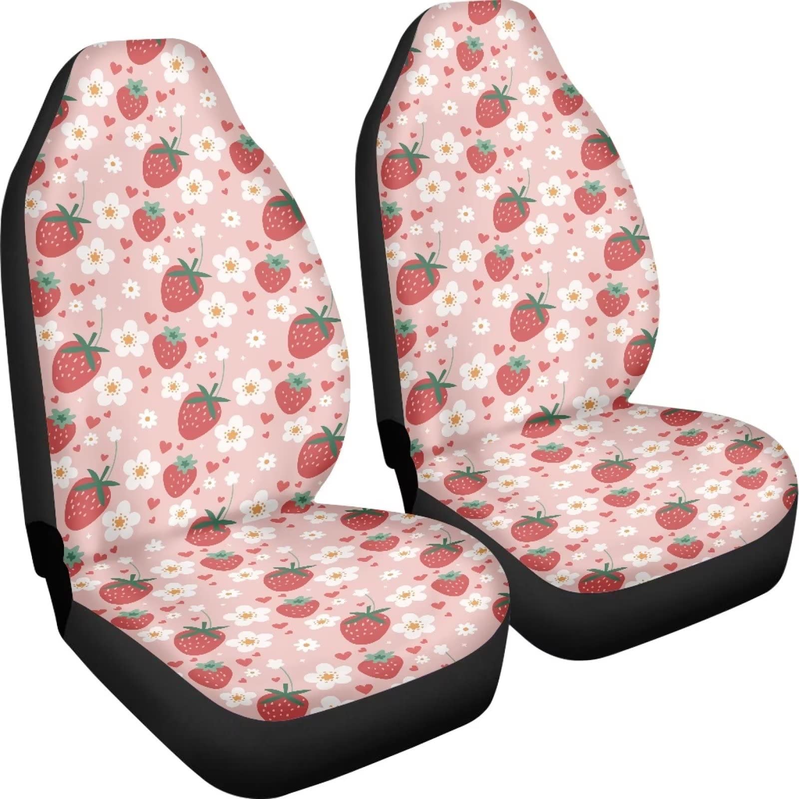 Fuibeng 2 Pcs Strawberry Car Seat Covers Set Pink Heart Daisy Strawberry Auto Front Seat Cushion Breathable Vehicle Bucket Seat