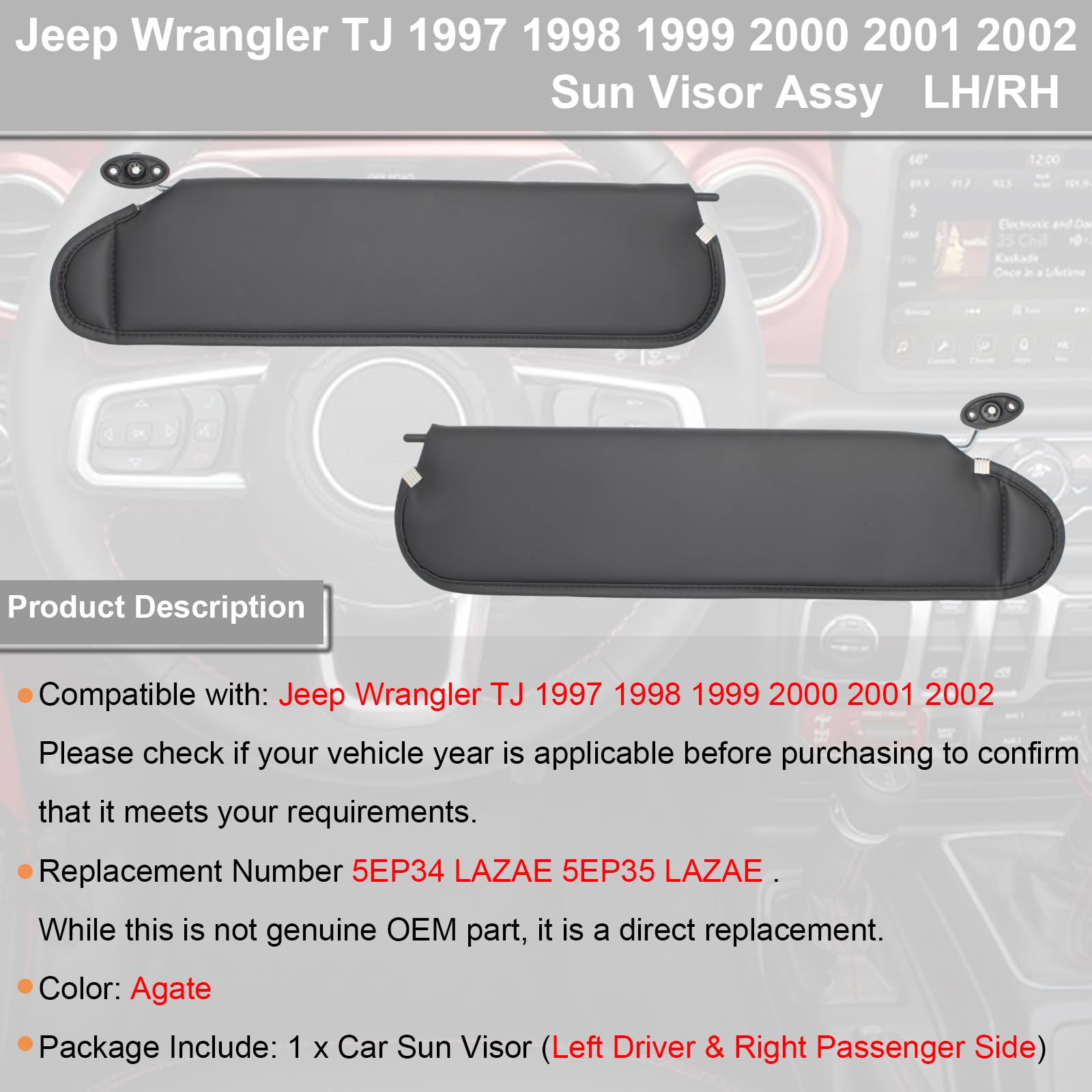 NHILES Left Driver & Right Passenger Sun Visor Compatible with Jeep Wrangler TJ 1997-2002 Sunshade Replacement Number 5EP34 LAZA
