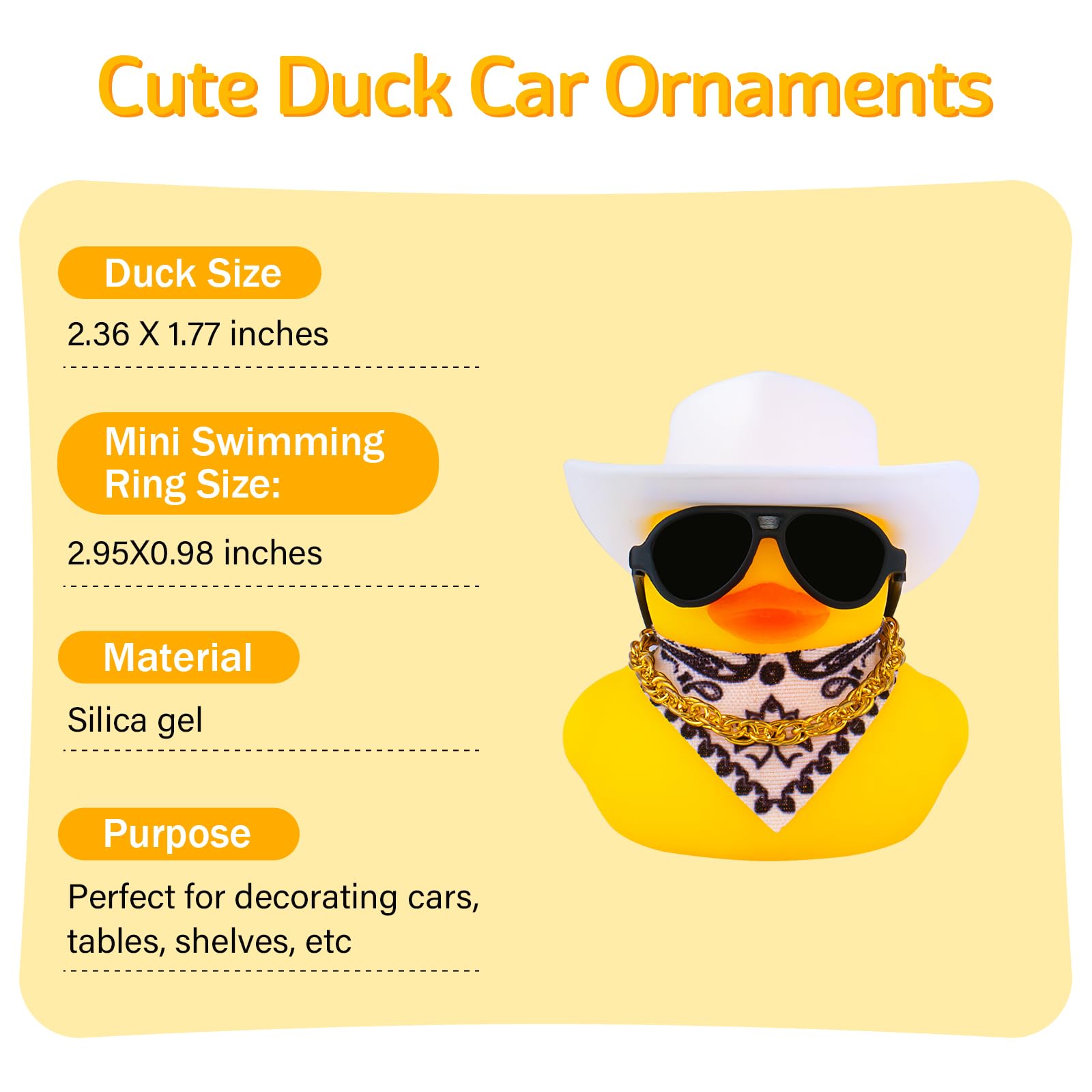 wonuu Car Dashboard Decoration Cowboy Hat Rubber Duck, Car Ducks Ornaments with Mini Colorful Hat Necklace Sunglasses Scarf (Whi