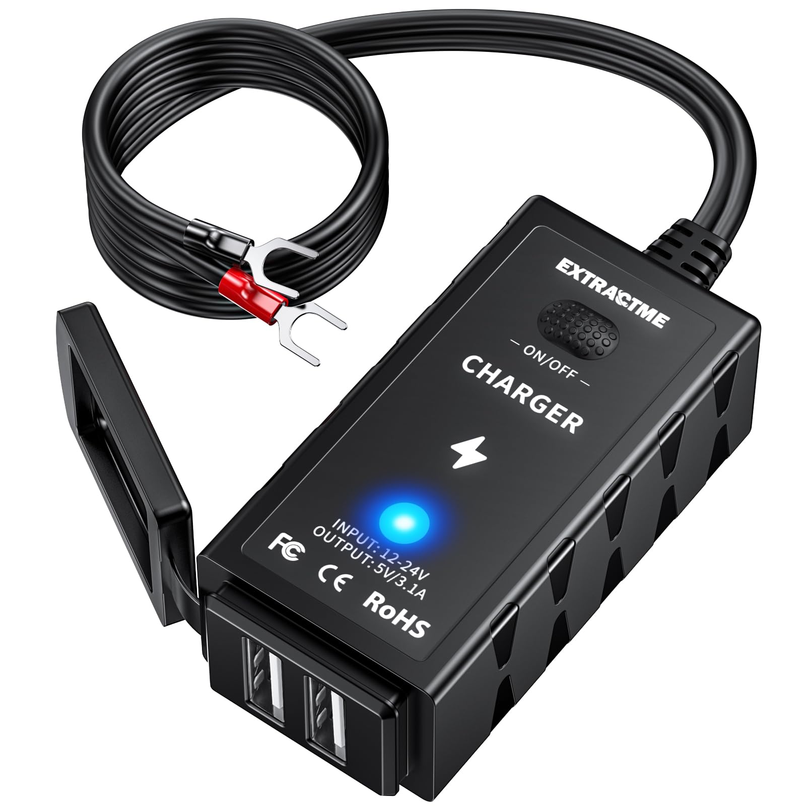 Extractme Motorcycle Phone Charger, 3.1 Amp Motorcycle Dual Usb Charger With On/Off Switch & Led Light, Waterproof Atv/Motorcycle Accessories For Phone, Tablet, Gps, Etc