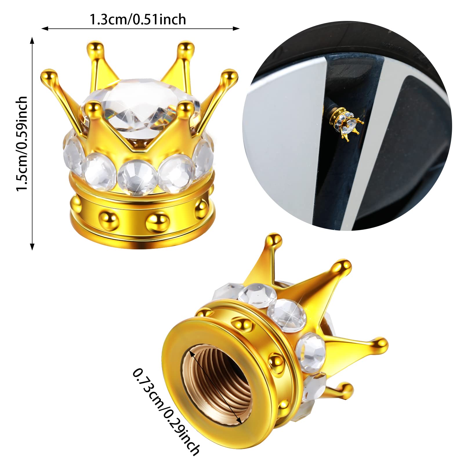 4 Pieces Crown Tire Valve Stem Caps Bling Handmade Crystal Rhinestone Universal Chrome Crown Vehicle Car Tire Caps Covers, Attra