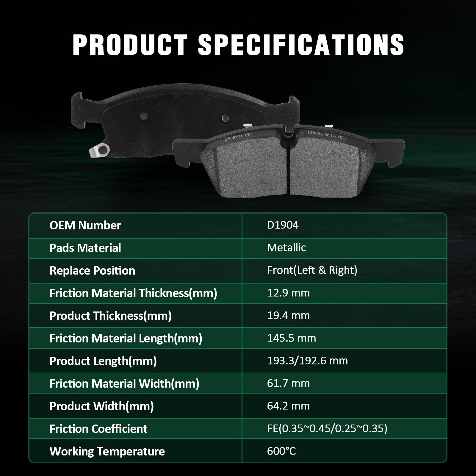 Automuto 4Pcs Front Metallic Disc Brake Pads Set D1904 For Mercedes-Benz Gl350 2013-2016, Gl450 2013-2016, Gle400 2018, Gls450 2