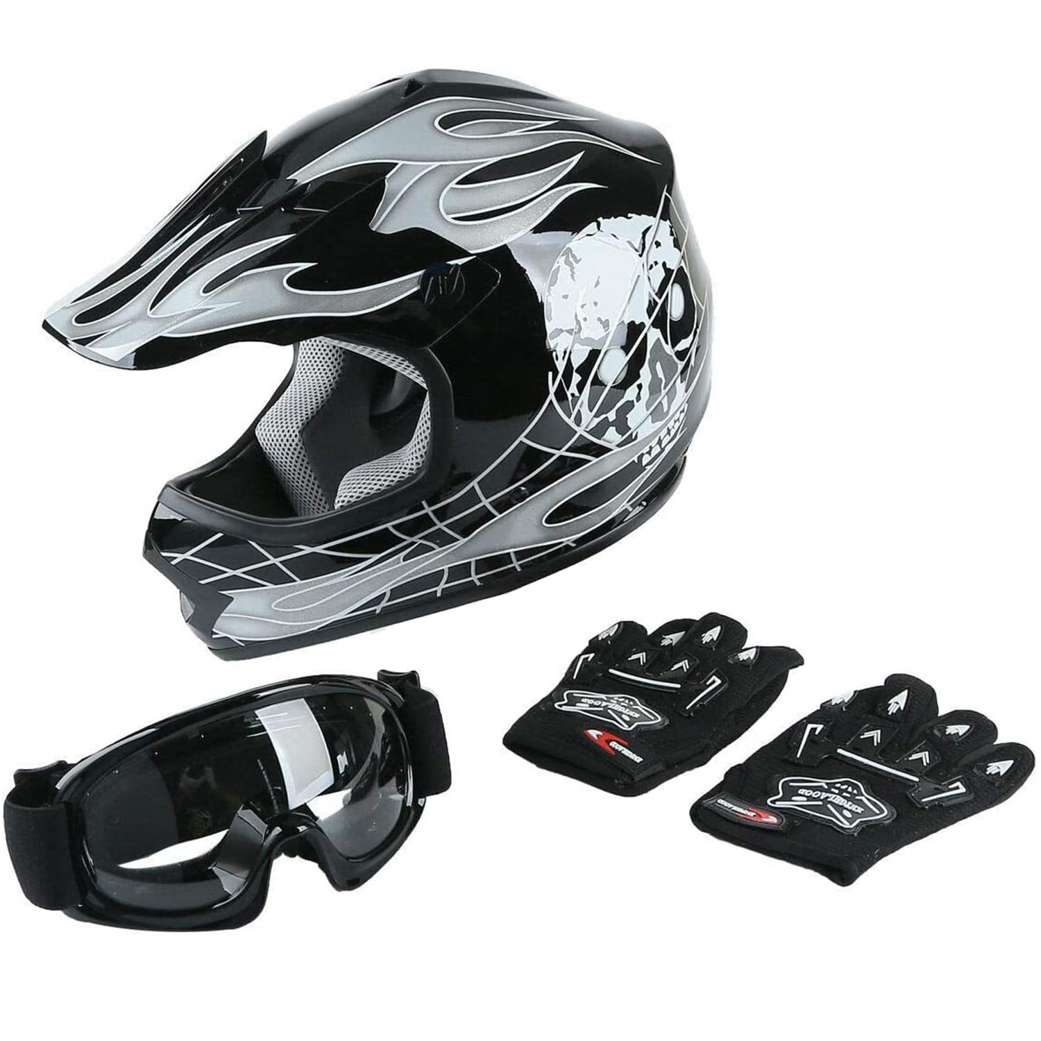 Slmoto Youth Kids Motocross Offroad Street Helmet Motorcycle Helmet Dirt Bike Atv Dot Approved Black Skull Helmet+Goggles+Gloves