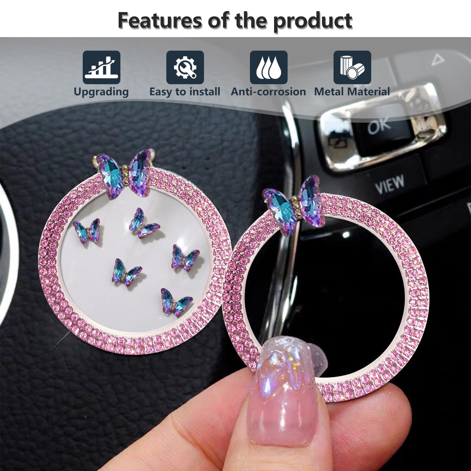 3leavtrees Purple Butterfly Car Bling Ring Emblem Car Accessories for Buttons & Knobs,Shiny Crystal Rhinestone Cover Protection