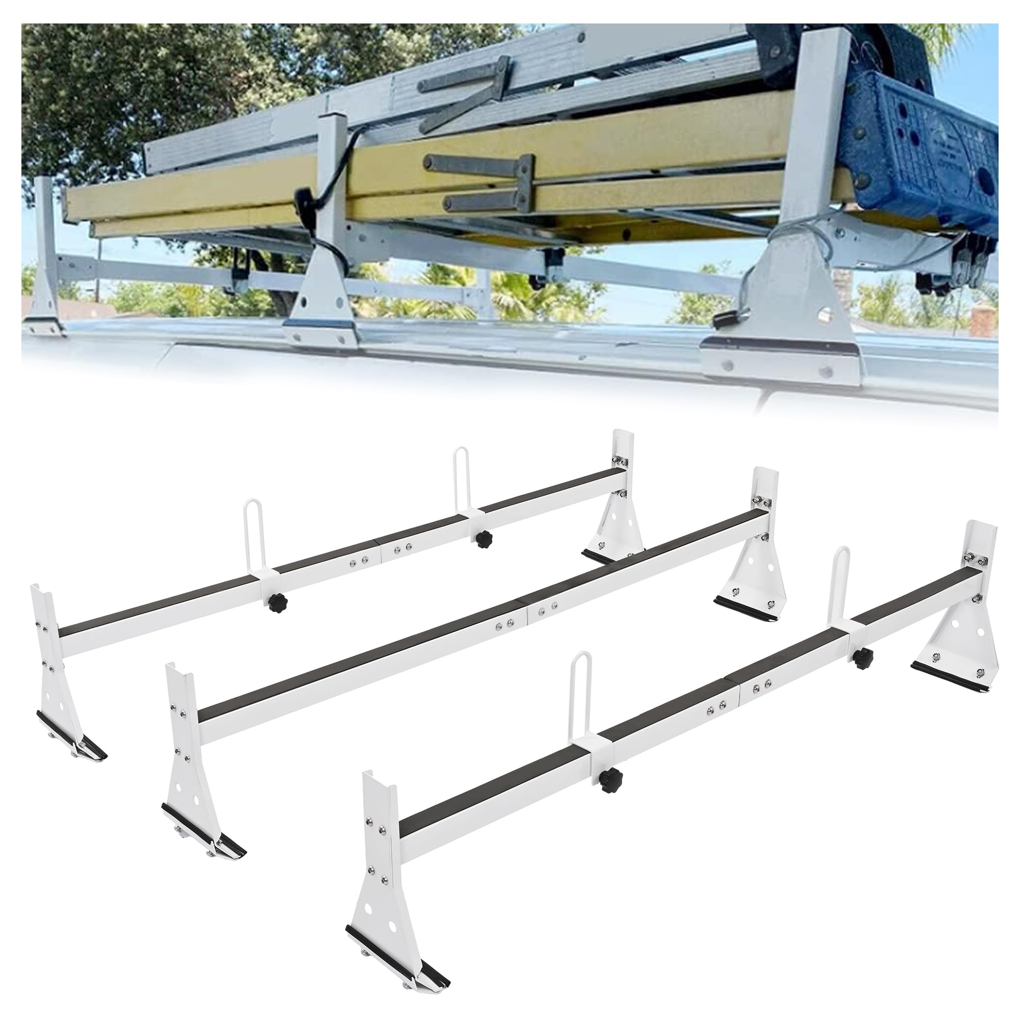 Ecotric 59In Roof Racks Compatible With 1996-Up Chevy Express 1500/2500/3500, 850 Lbs Capacity, 3 Bar Roof Ladder Rack For Van S