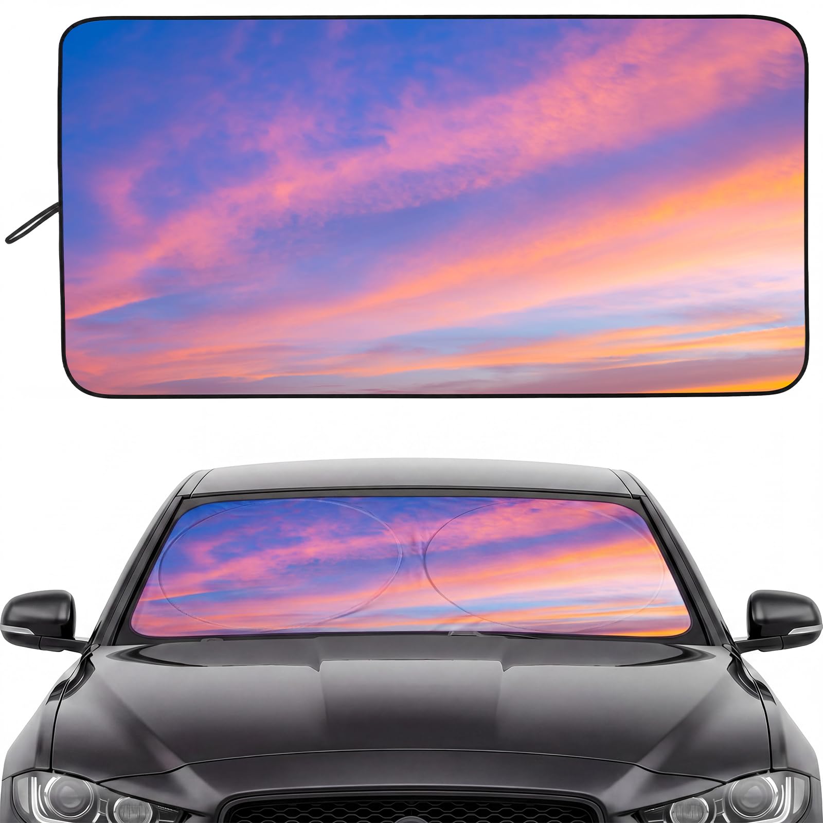 Kittmip Sunset Windshield Sun Shade 64 x 32 Inch Foldable Front Window Sunshade UV Protection Heat Blocking Shield Cover for SUV
