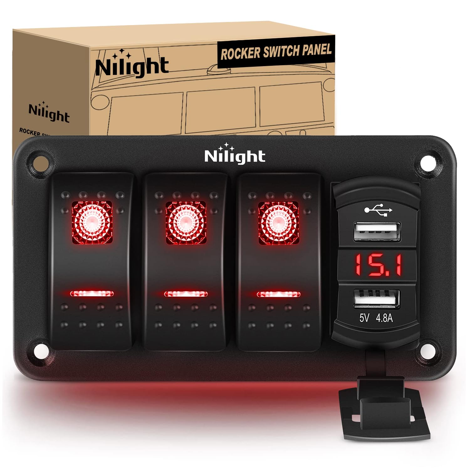 Nilight 3 Gang Rocker Switch Panel Green Backlit With 4.8 Amp Dual Usb Charger Voltmeter Waterproof 12V 24V Dc Night Glow Sticke
