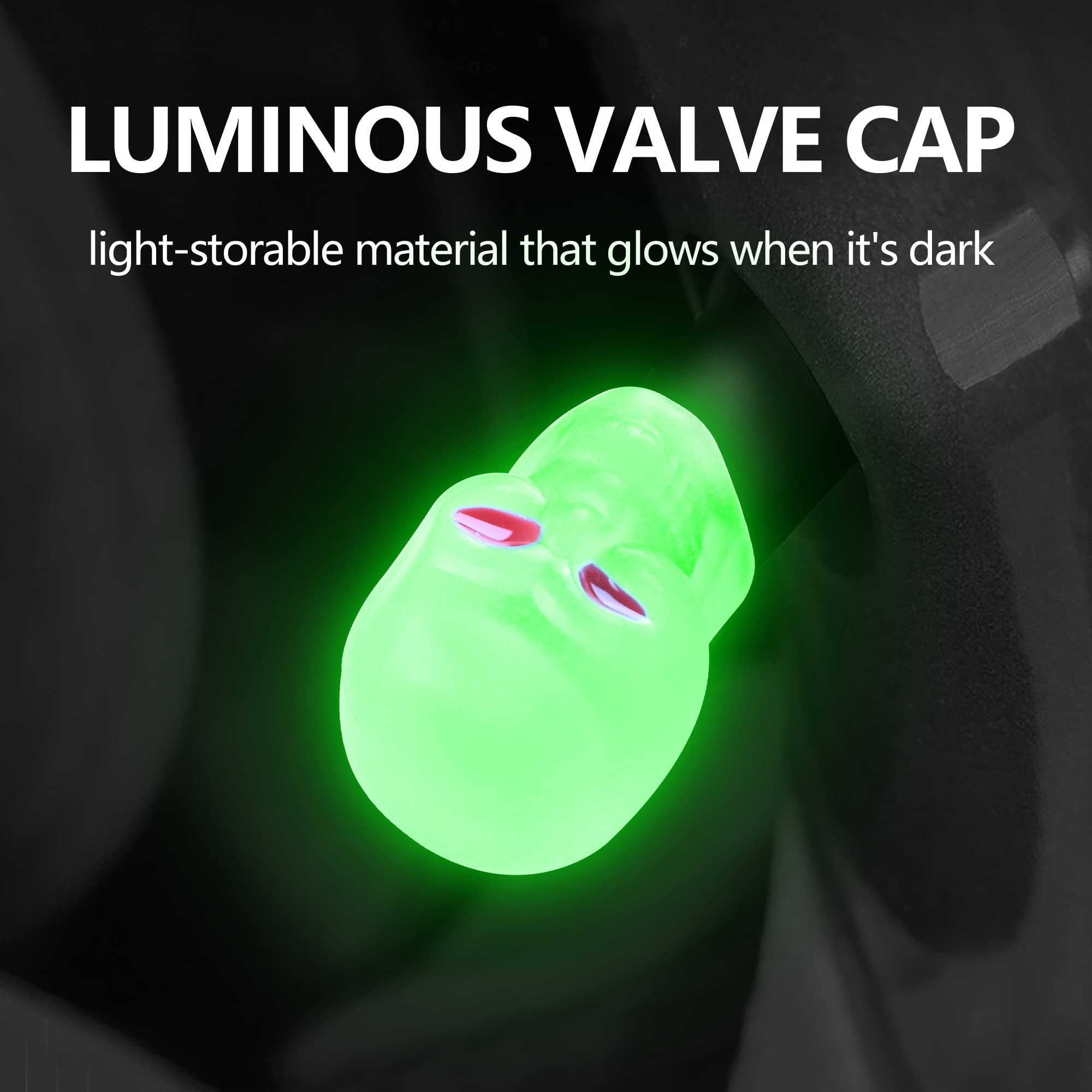 Junecarp 4Pcs Luminous Skull Tire Air Valves Stem Caps,Fluorescent Tire Valve Caps,Universal Tire Valve Stem Covers Accessories For Car Truck Motorcycles Bike (Skull Green)…
