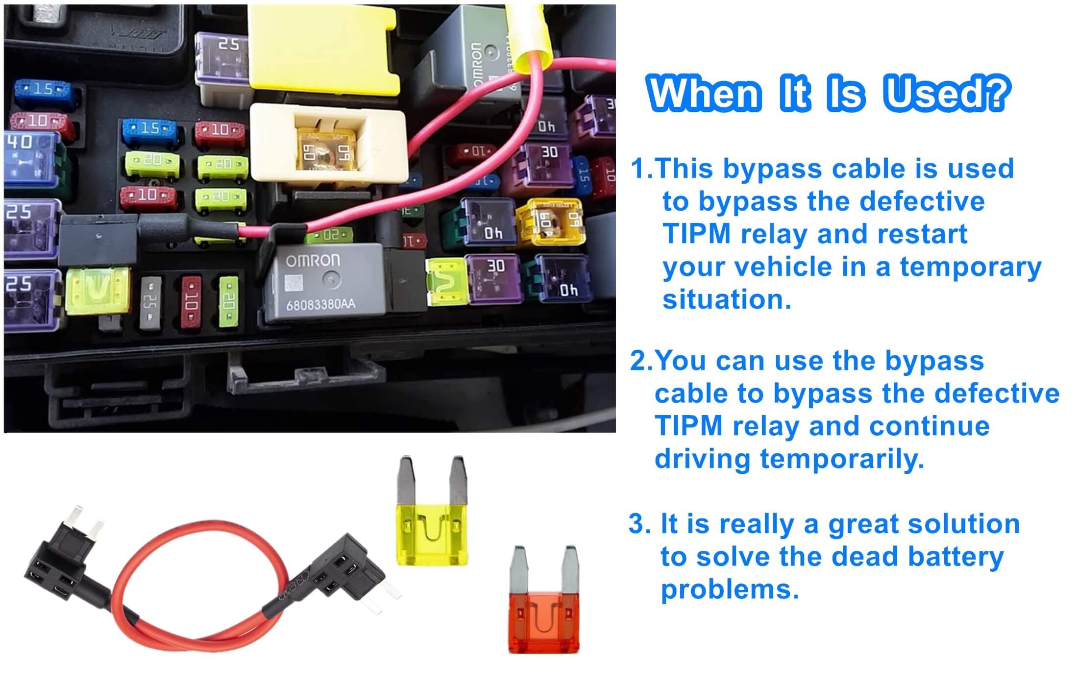 XYWZV TIPM Bypass Cable & Fuse Holder for Dodge Ram 1500/2500/3500, Jeep, Chrysler, VW (2007-2016) - 14AW