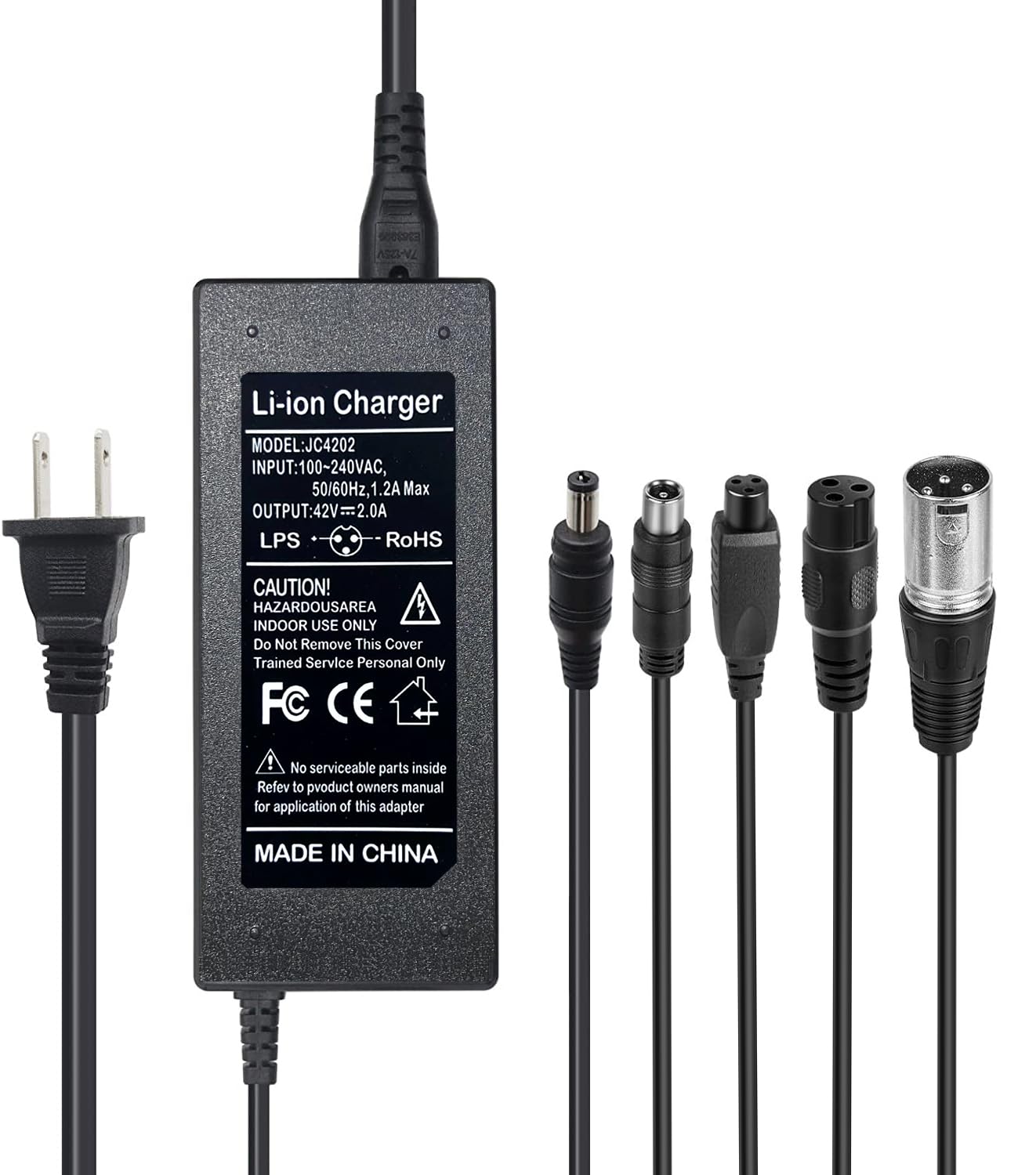 42V 2A Charger 5 Plugs Universal for 36V Lithium Battery, Pack DC 5.5 * 2.1 with 8mm 3 Prong Connector /12mm 3 Prong Connector /