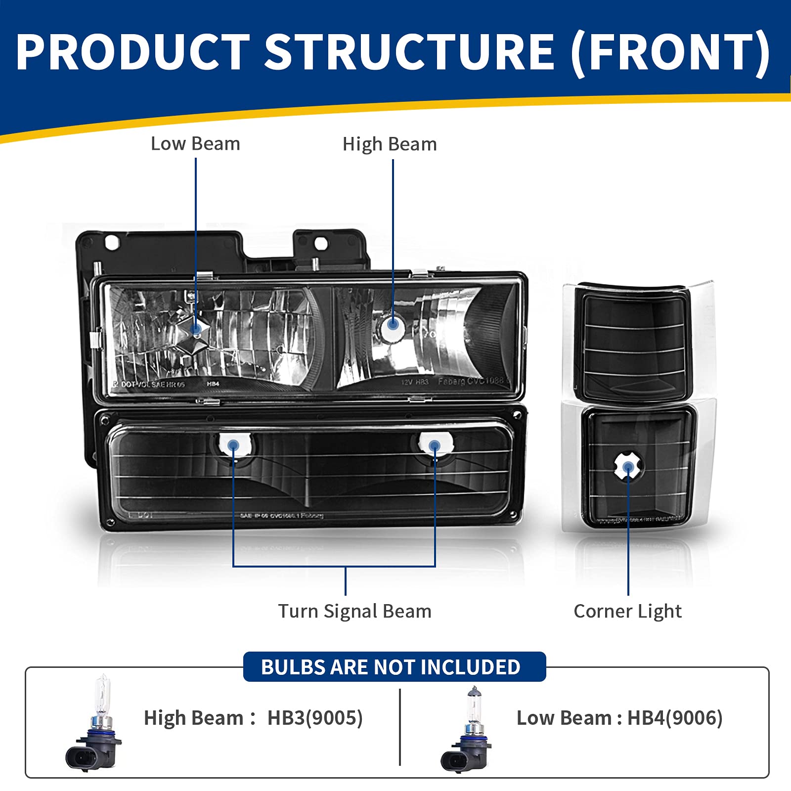Autosaver88 Headlights Assembly Compatible With 1994-1999 Chevy C/K Series C1500 C2500 C3500 K1500 K2500 K3500 Suburban 1995 1996 1997 1998 1999 Tahoe Headlamp W/Bumper Corner Lamp Black Housing