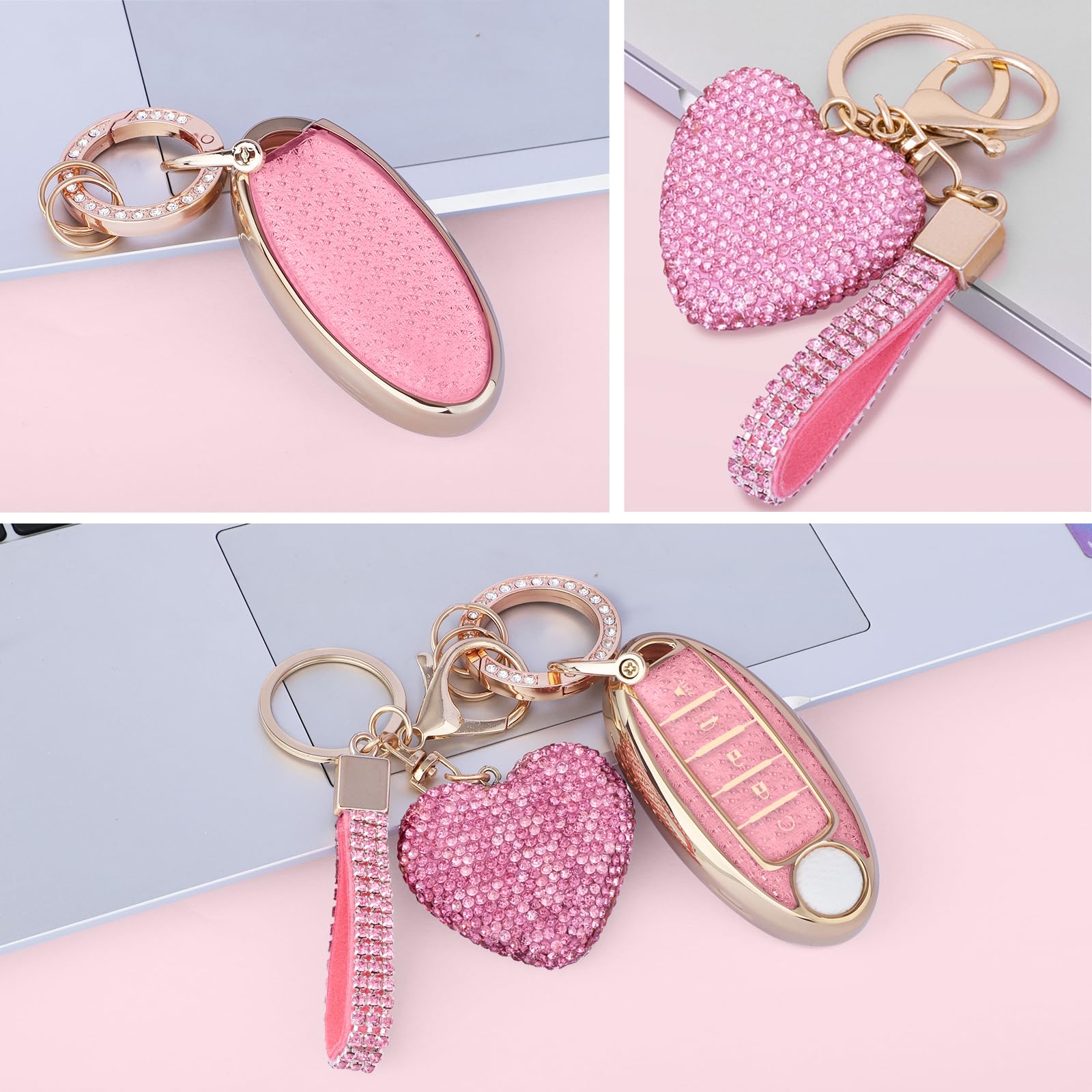 Meruns Compatiable with Nissan 5 Buttons key fob cover with Diamond Bling Keychain, Car Accessories Keys Shell TPU for Altima Se