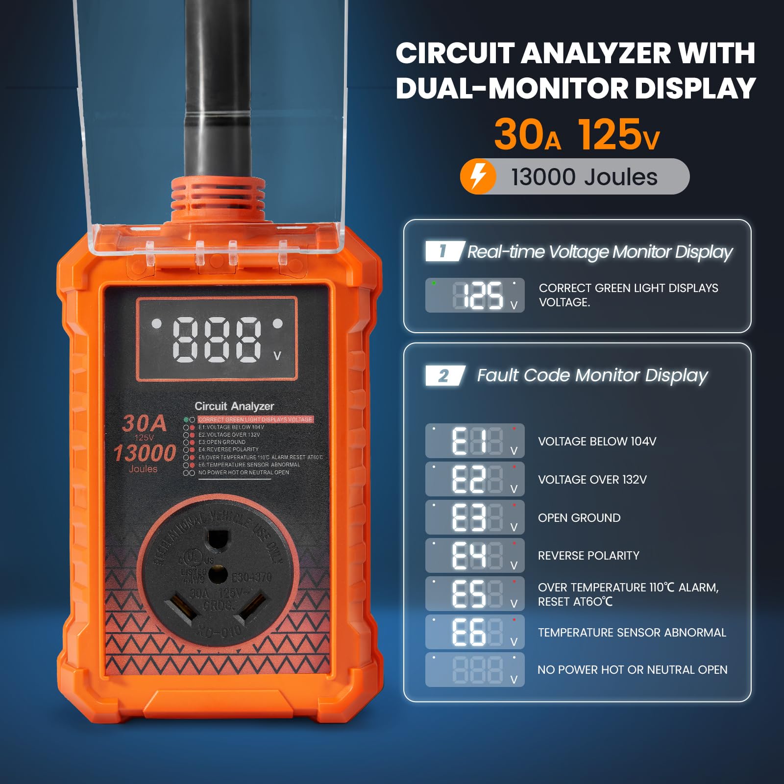 Krevz 13000 J RV Surge Protector 30 Amp, Upgraded Dual-Monitor Display RV Power Surge Protector with Safety Certification, High/