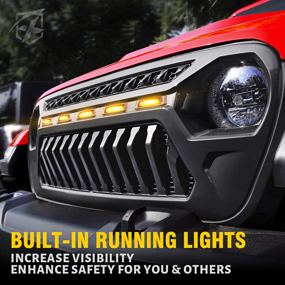 Xprite Front Grille With Amber Led Running Lights Black Gladiator Grill Compatible With 2018-2021 Jeep Wrangler Jl Jt