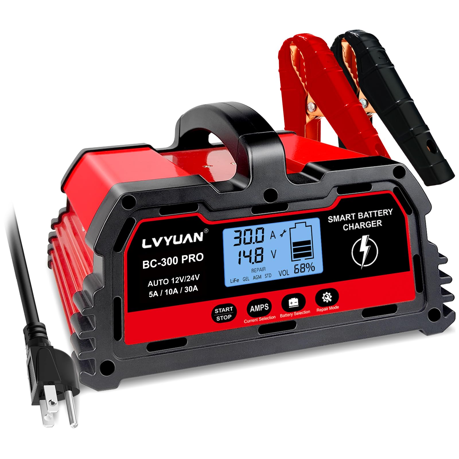 LVYUAN 30Amp Smart Car Battery Charger, 12V/24V Automotive Charger, Lead-Acid Battery, LiFePO4 Battery Maintainer with LCD Displ