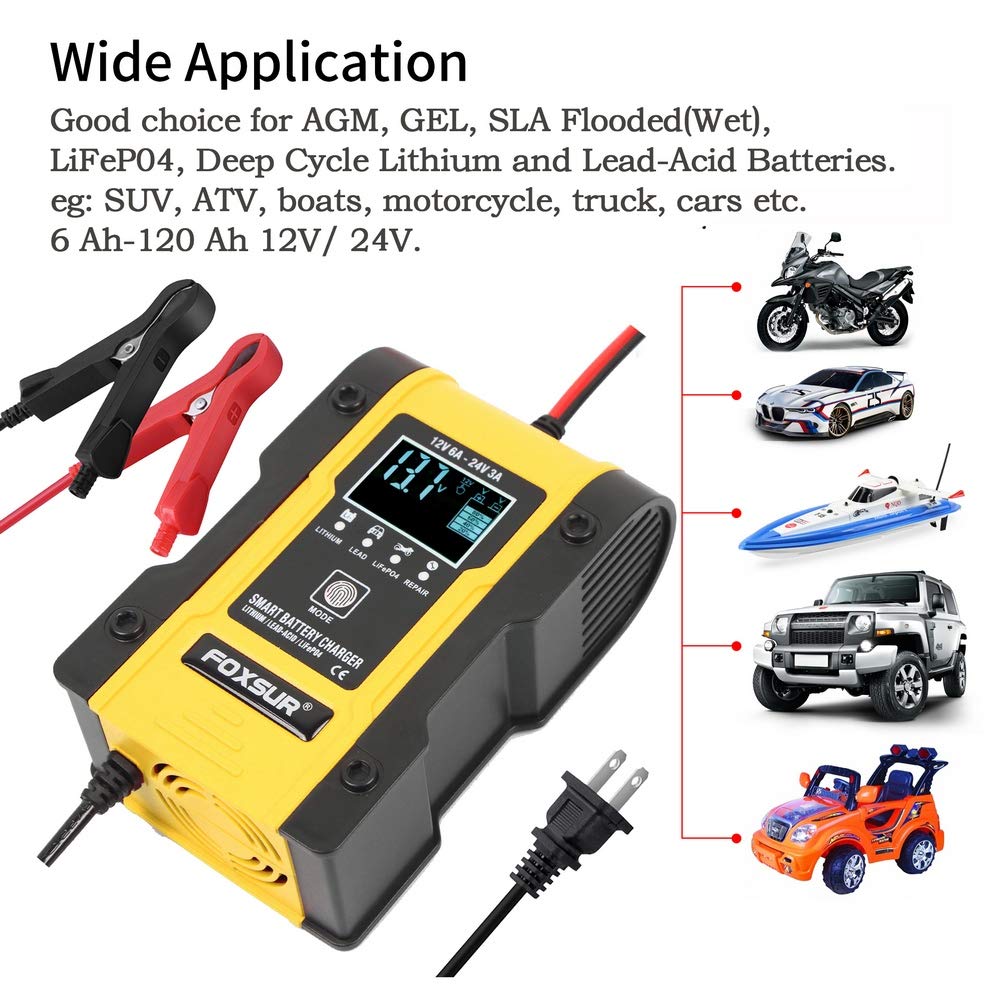 Ieik 12V/6A Battery Charger Automotive 7-Stage Multifunction Smart Charger Maintainer 24V/3Afor Car, Truck, Motorcycle, Lawn Mower, Boat, Atv, Lithium/Lifepo4/Lead-Acid/Deep Cycle Battery Charger