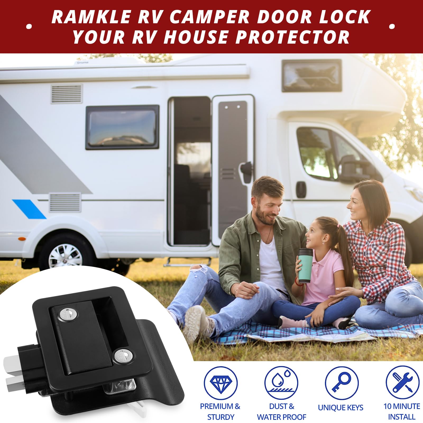 Rv Entry Door Lock, 100% Metal Camper Lock, Travel Trailer Door Latch, Rv Lock Replacement Kit With Paddle Deadbolt 4 Keys, For