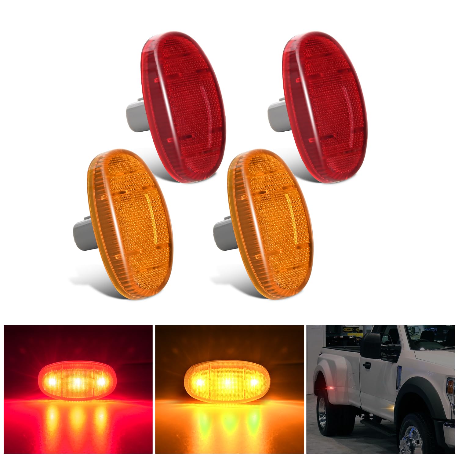 Nilight Wheel Fender Side Marker Lights 4 Pcs 3 Led Red Amber Front Rear Clearance Light Plug And Play Pc Lens Compatible With 2