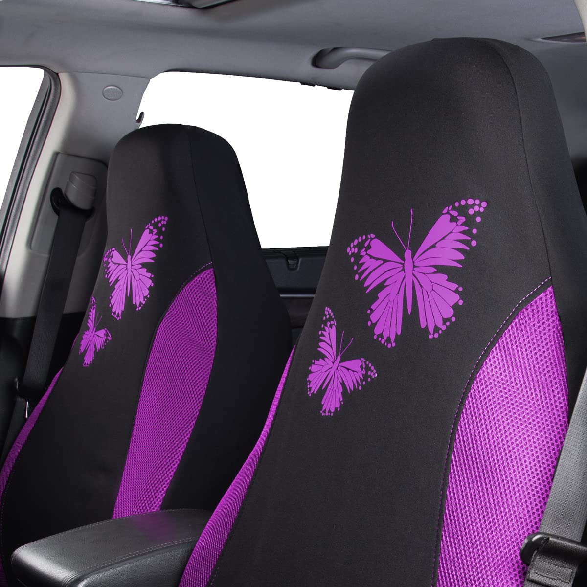 Flying Banner Butterfly Car Seat Covers Ful Set Fashion Universal Lady Woman Female Rear Bench Split Colorized (2 Fronts, Purple