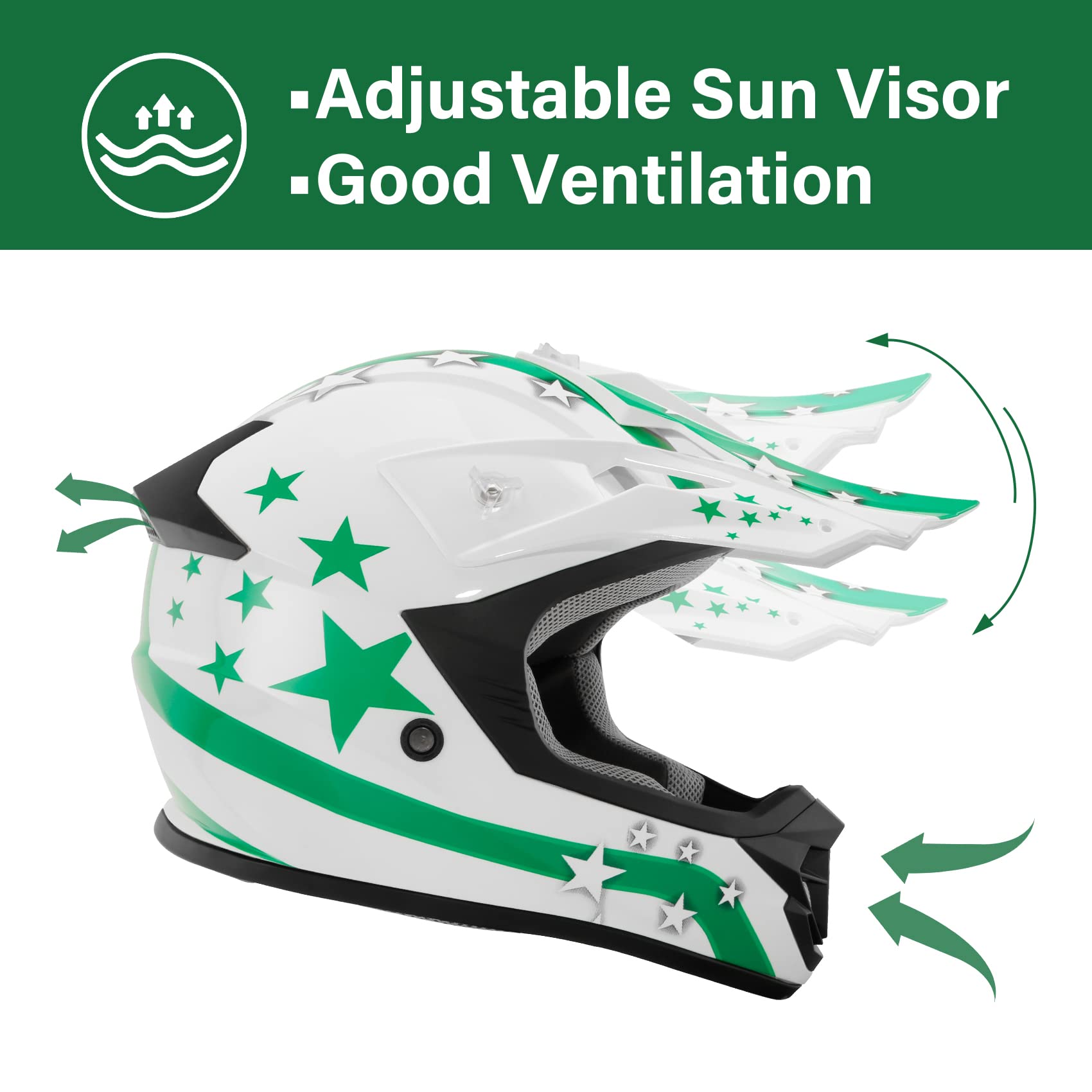 Tct-Motorparts Dot Youth Atv Helmets W/Goggles+Gloves Kids Motocross Offroad Street Dirt Bike Helmet+Gloves+Goggles White W/Green Star Large