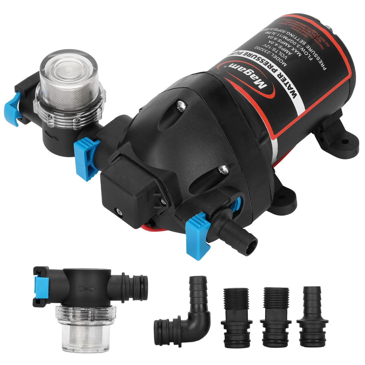 RV Fresh Water Pump, 12V DC Water Pumps, 3.0GPM 50PSI Self-Priming Diaphragm Water Pump with Pressure Switch and Strainer for Ki