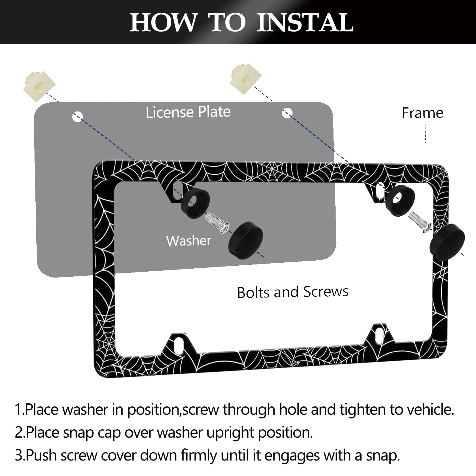 Spider Web License Plate Frame - 2 PCS Goth Gothic Web Aluminum Metal License Plate Frames Holder Covers, Rust-Proof Waterproof