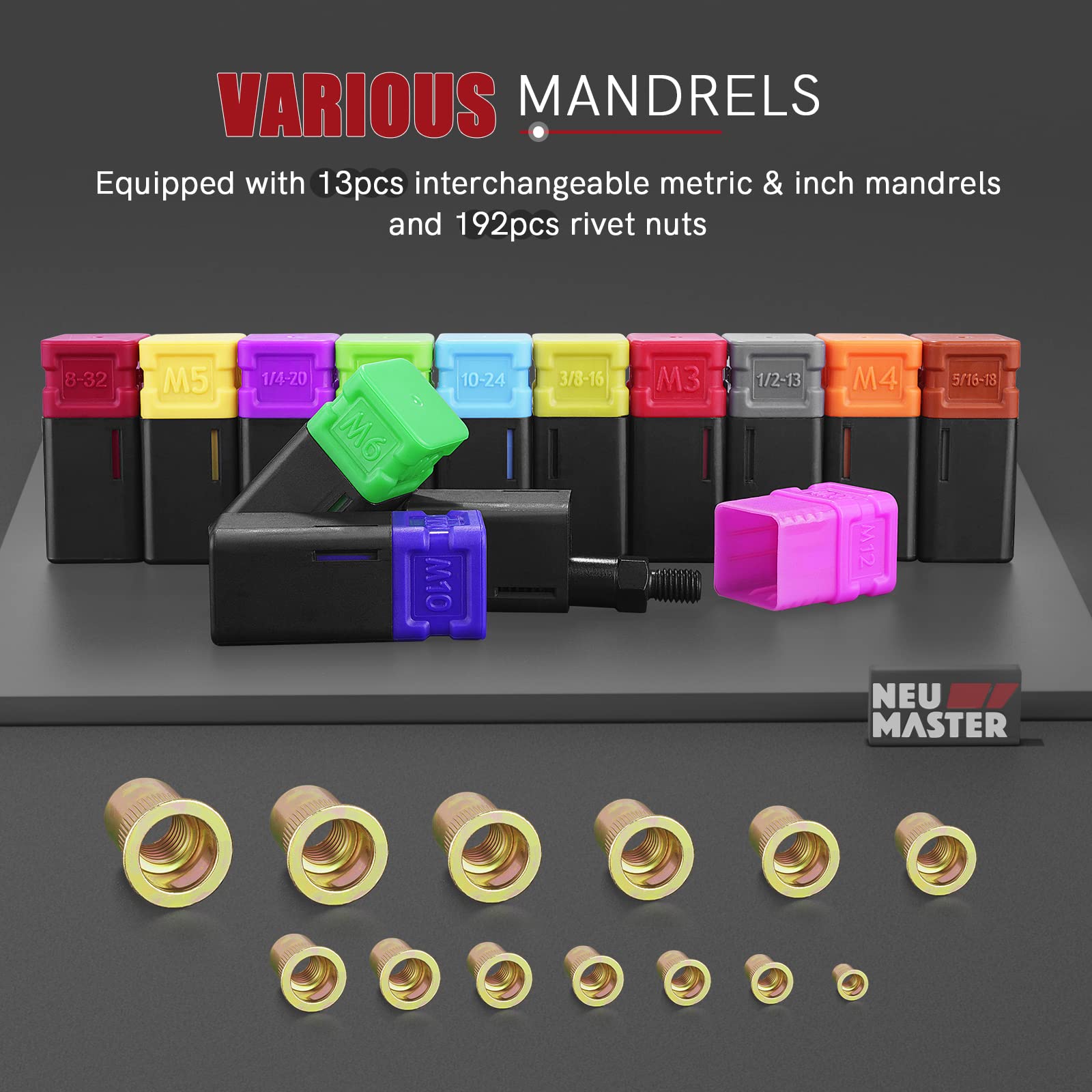 Neu Master Rivet Nut Tool, 16    Versatile Rivnut Tool Kit With 13 Metric & Sae Mandrels, 192Pcs Rivnuts, Hand Nutsert Rivet Too
