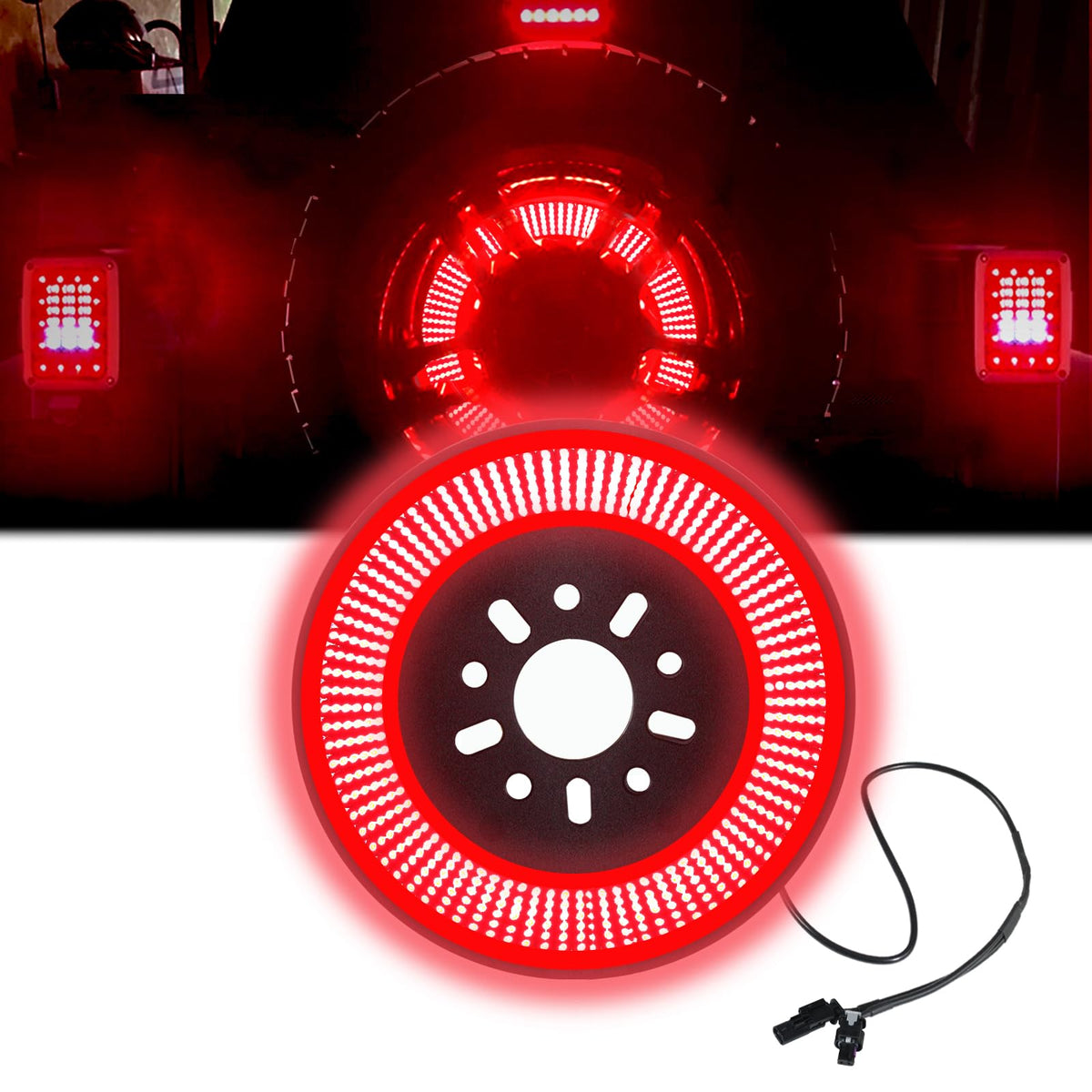 BeltandRoad Wrangler JK Spare Tire Brake Light- fits 2007-2018 Wrangler JK/JKU, 3rd Third Brake Light, Red Ring Wheel Lights for