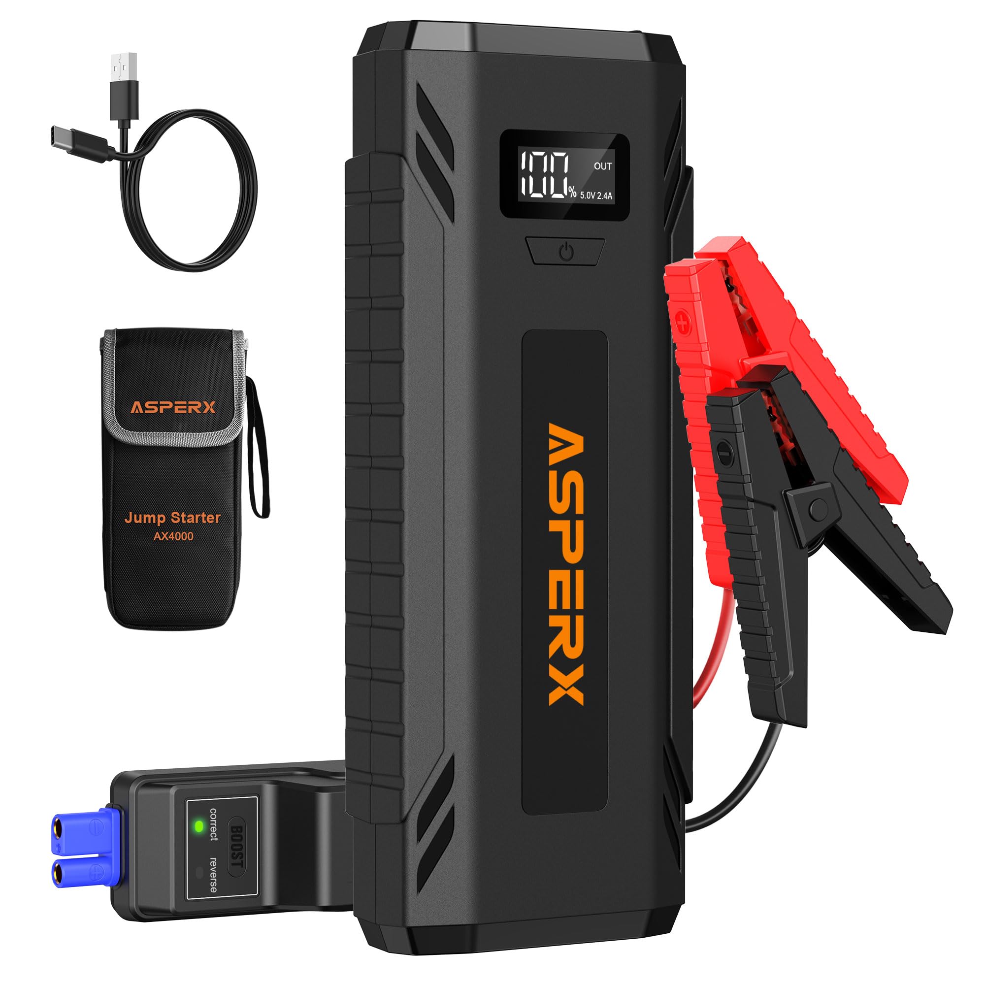 Asperx Car Jump Starter, 4000A Peak Battery Starter For All Gas Or 10.0L Diesel Engines, 12V Battery Starter, Jump Box With Usba