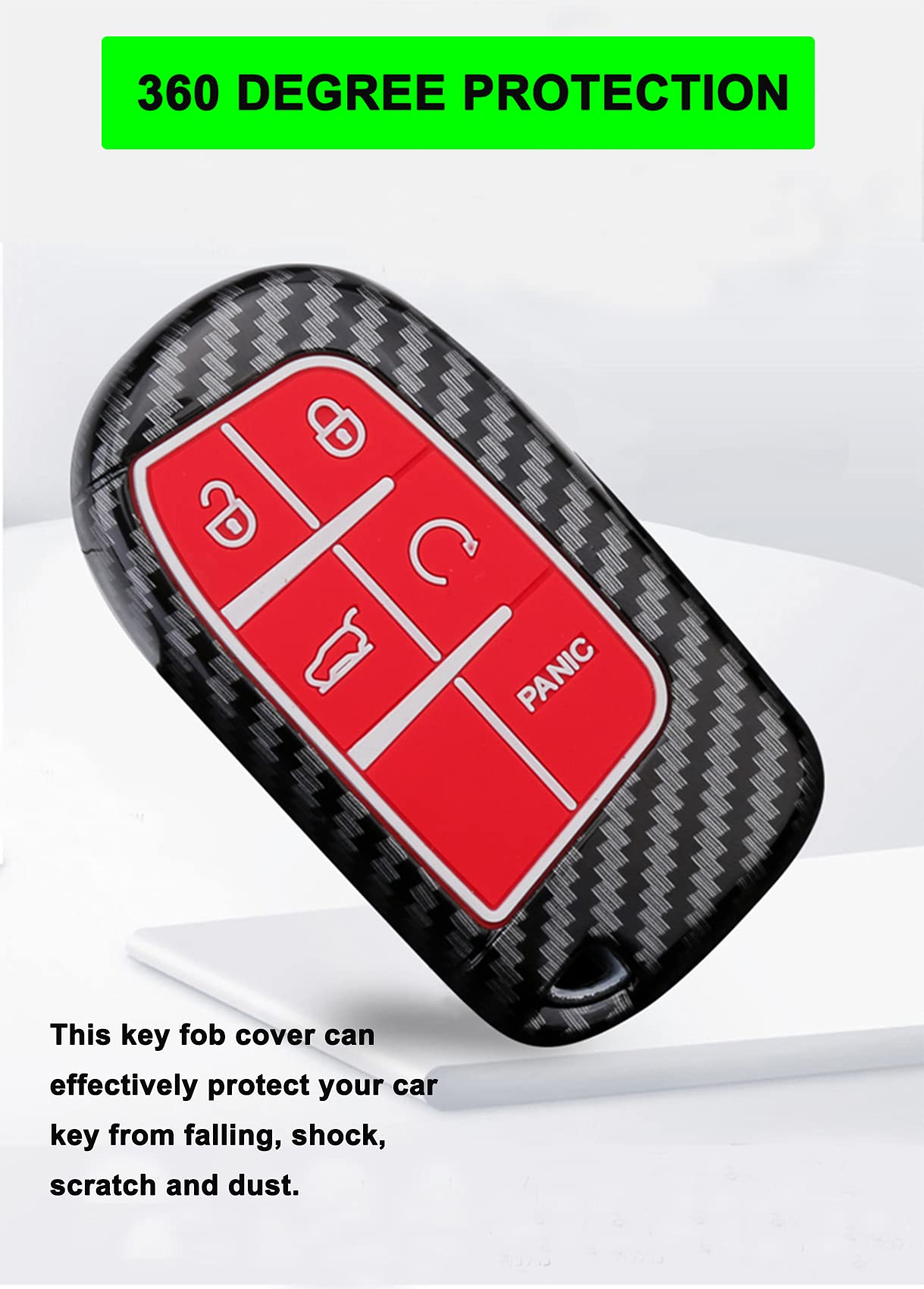 Key Fob Cover Case For Jeep Grand Cherokee Renegade Chrysler 200 300 Dodge Ram Durango Charger Challenger Journey Dart Fiat 5 Buttons Keyless Entry Remote Case Holder Abs Carbon Fiber Pattern (Red)