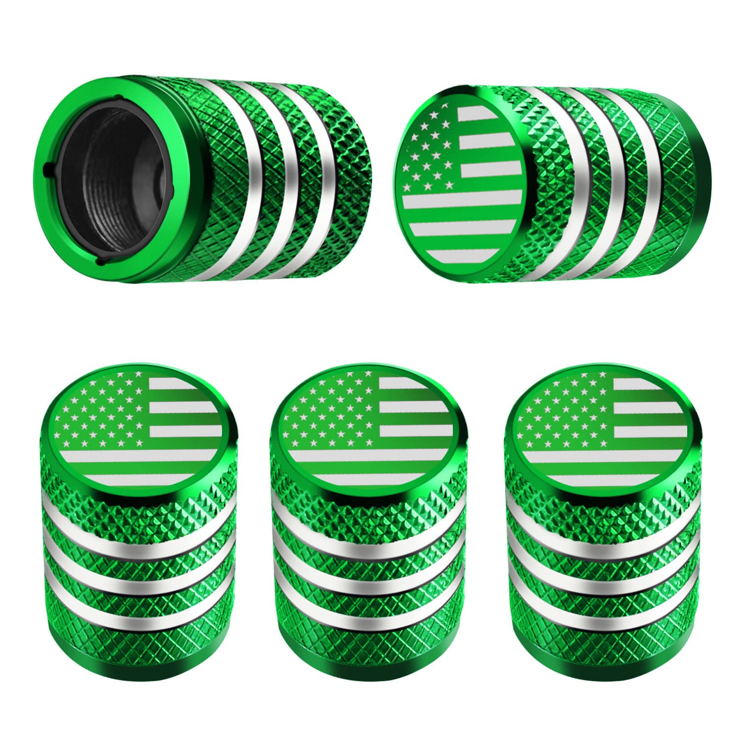 Decurcar Tire Valve Stem Caps - (5 Pack) Air Cap Metal With Plastic Liner Corrosion Resistant Leak-Proof American Flag For Car Truck Motorcycle Bike Green, Green,Metallic