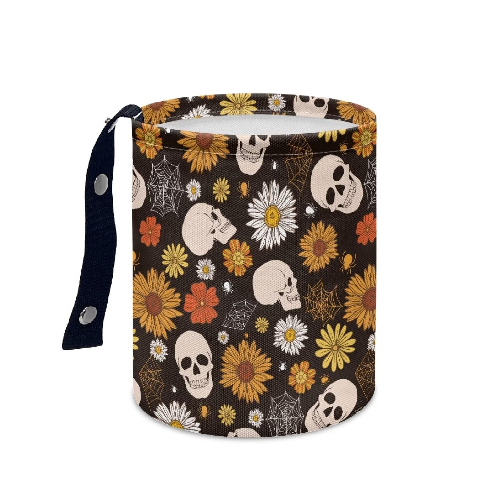 Brosoneto Halloween Gothic Skull Car Trash Bag Portable Garbage Bin Hippie Daisy Retro for Car Front Seat, Back Seat, Floor, Eas
