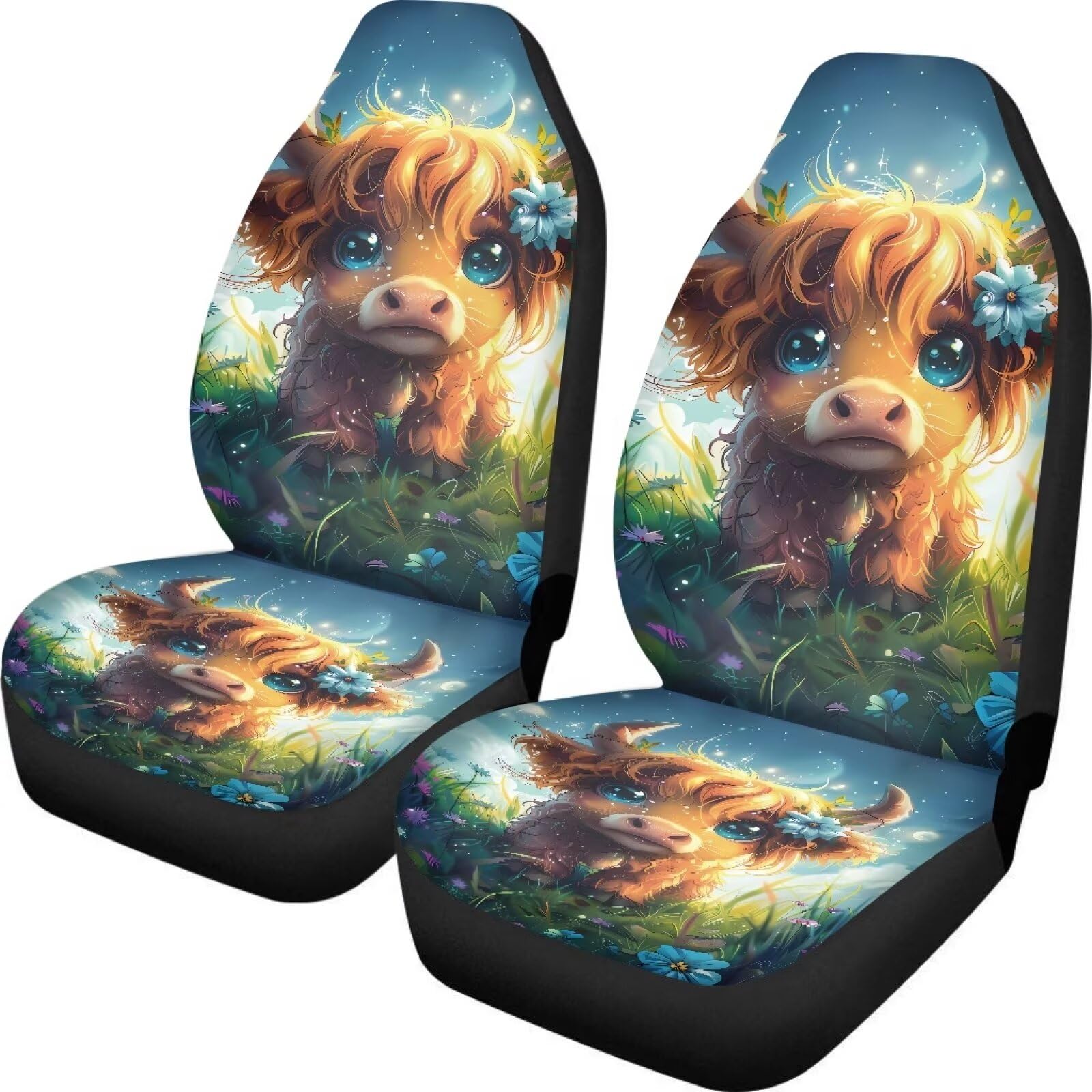 TOADDMOS Kawaii Highland Cow Car Seat Covers for Front Seats Decorative Automotive Car Interior Covers Vehicle Cushion Seat Cove