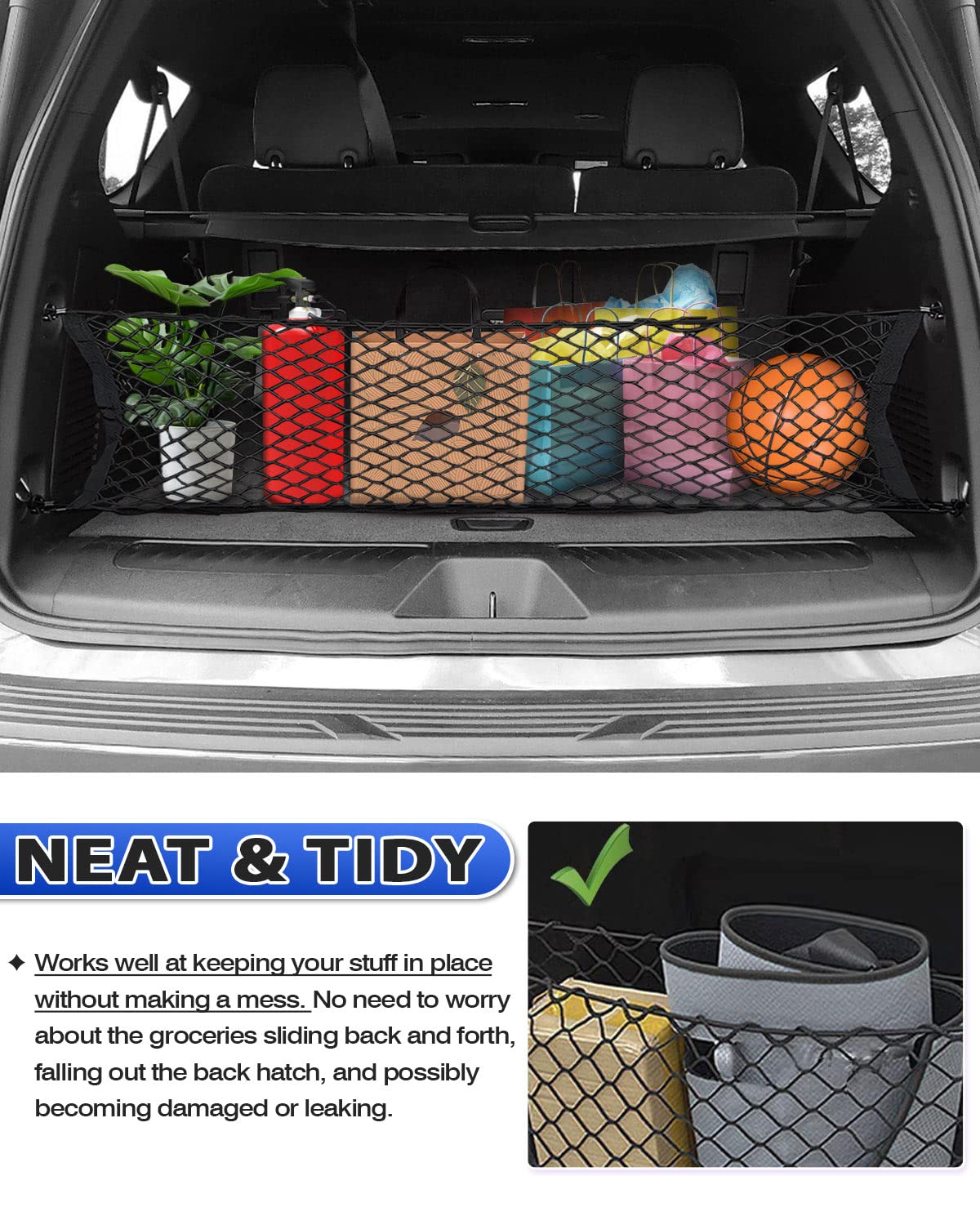 Karltys Envelope Style Cargo Net For 2015-2025 Chevy Tahoe/Suburban/Gmc Yukon Accessories, Adjustable Elastic Rear Trunk Cargo N