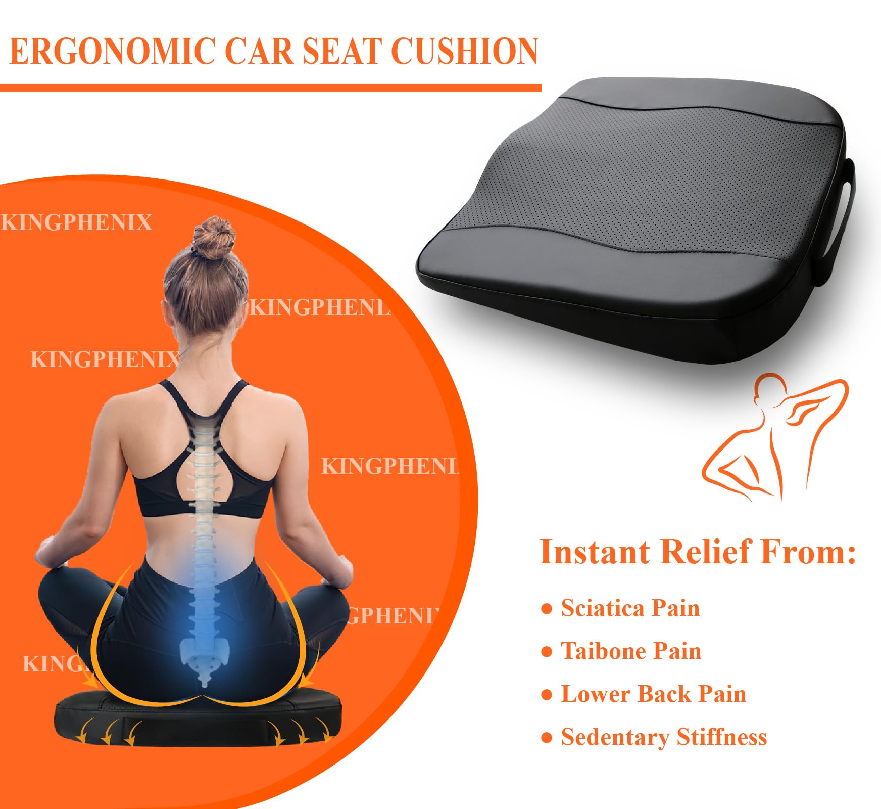 Kingphenix Premium Car Seat Cushion, Memory Foam Driver Seat Cushion To Improve Driving View- Coccyx & Lower Back Pain Relief -